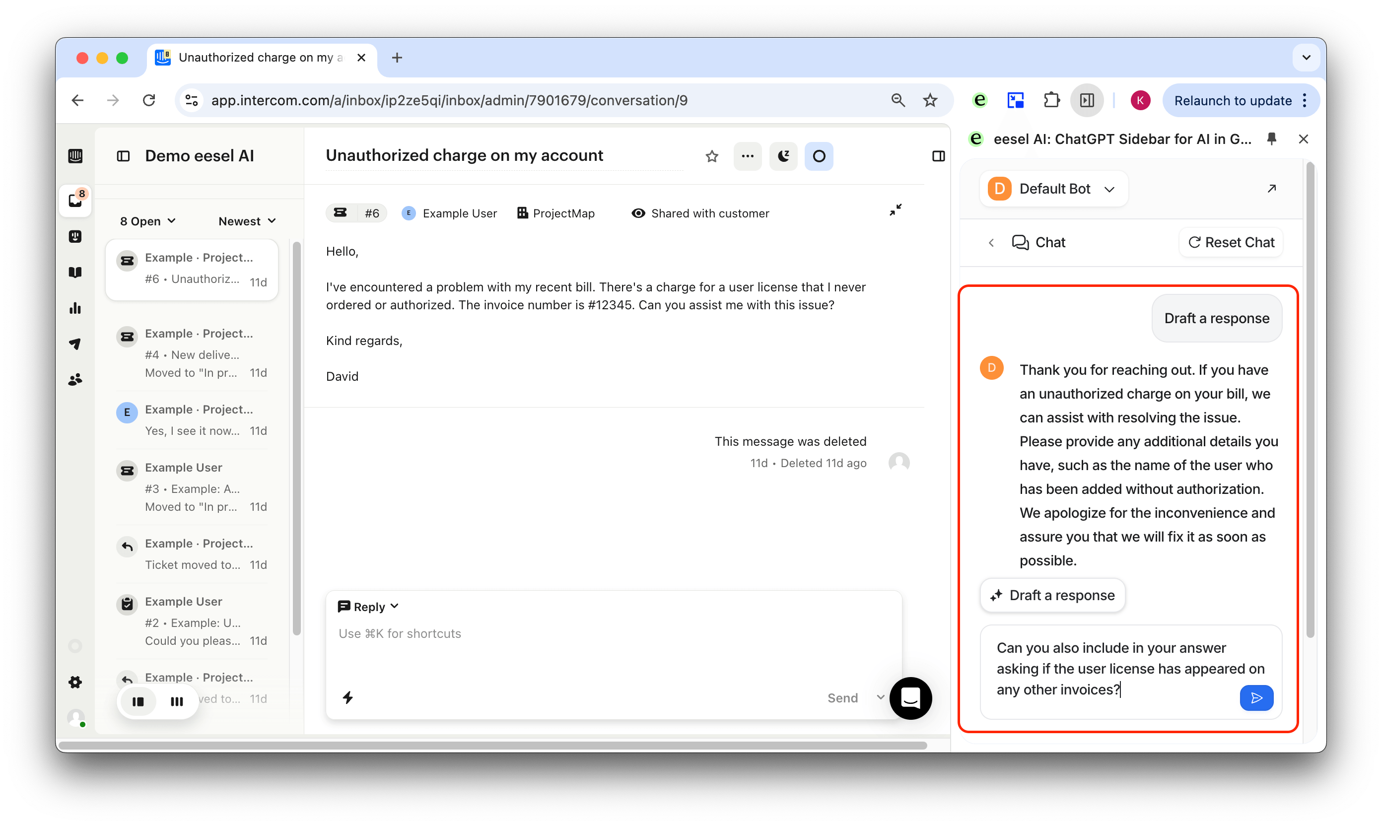 a screenshot of the eesel AI intercom assistant drafting a response to edit with the agent