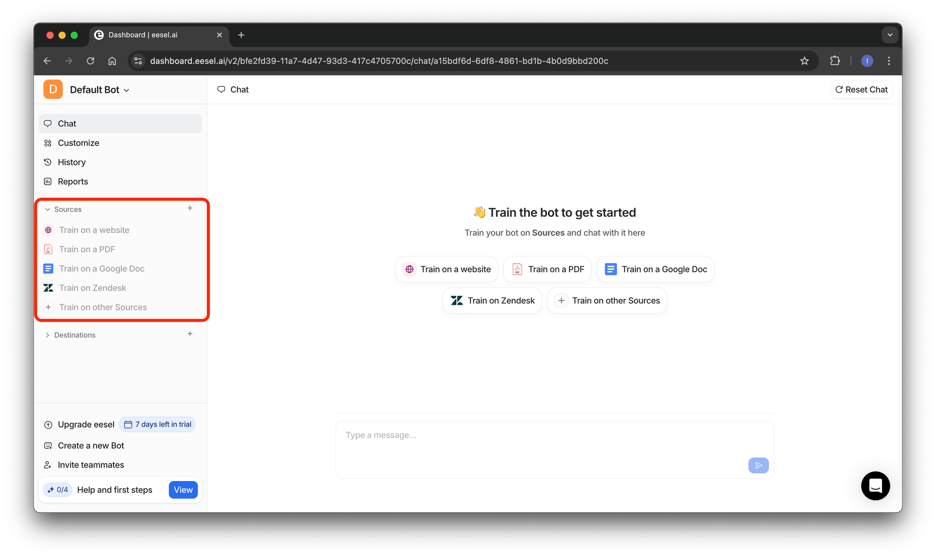 screenshot indicating where to add sources for your intercom chatbot