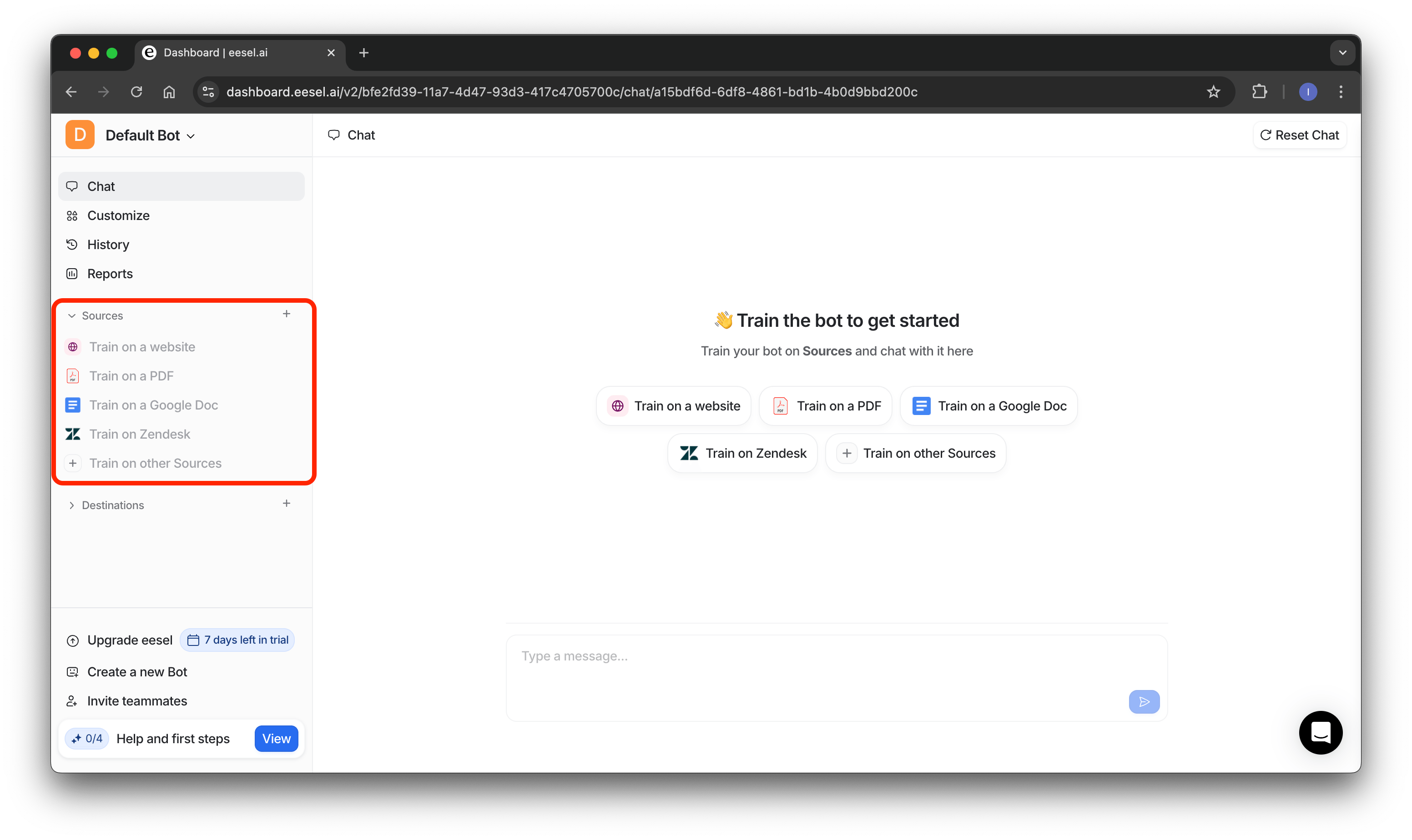 screenshot indicating where to add sources for your intercom chatbot