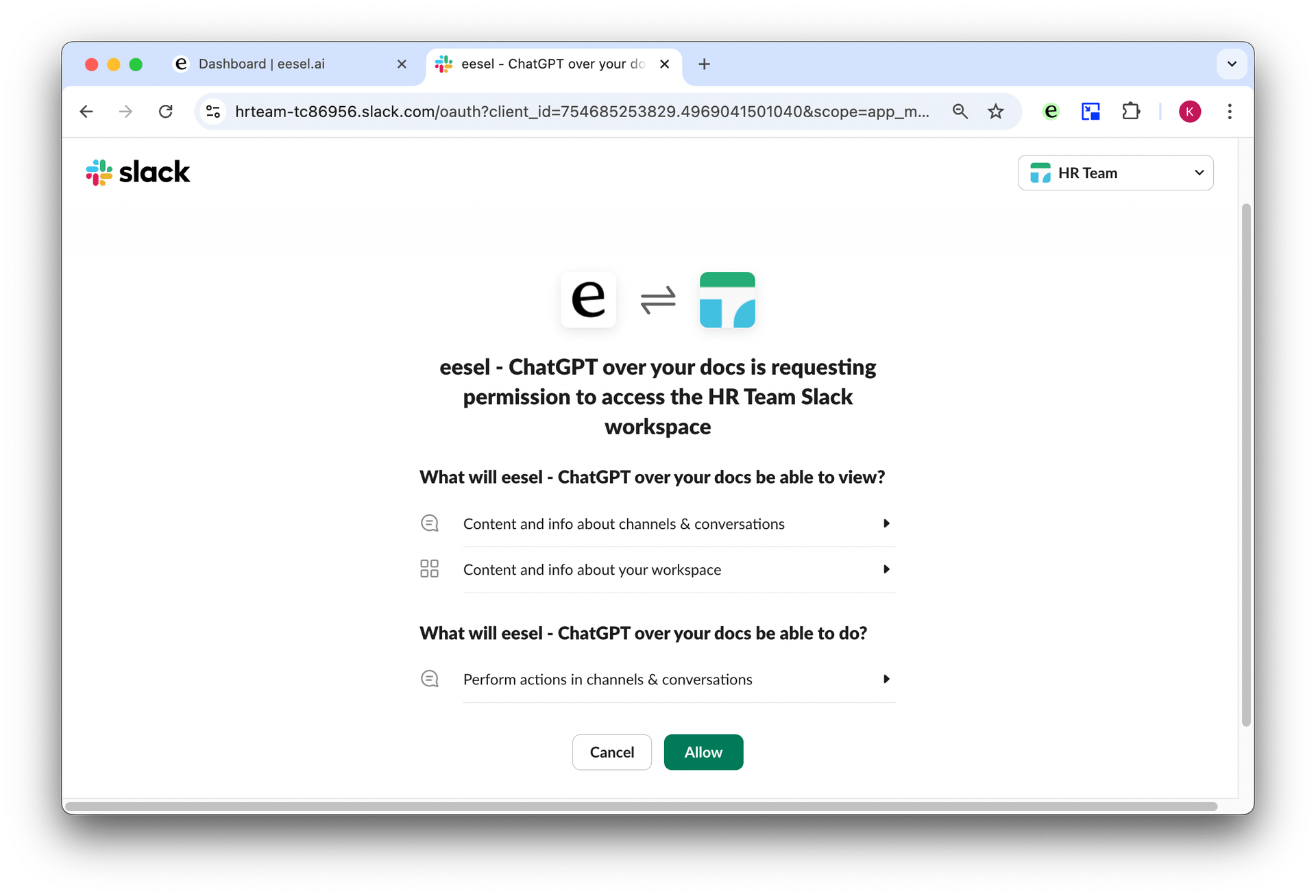 screenshot of the prompt to allow slack to use your google docs bot