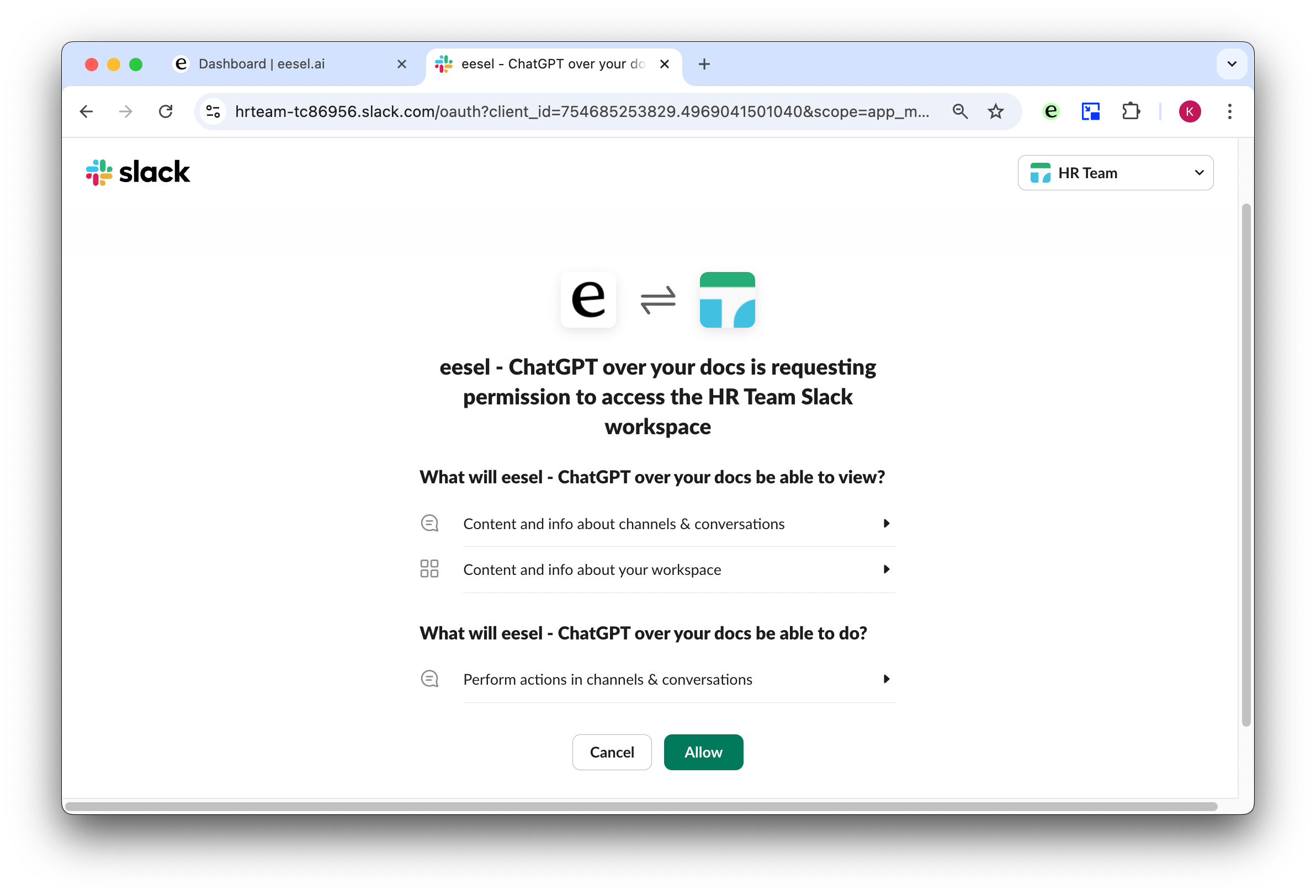 screenshot of the prompt to allow slack to use your google docs bot