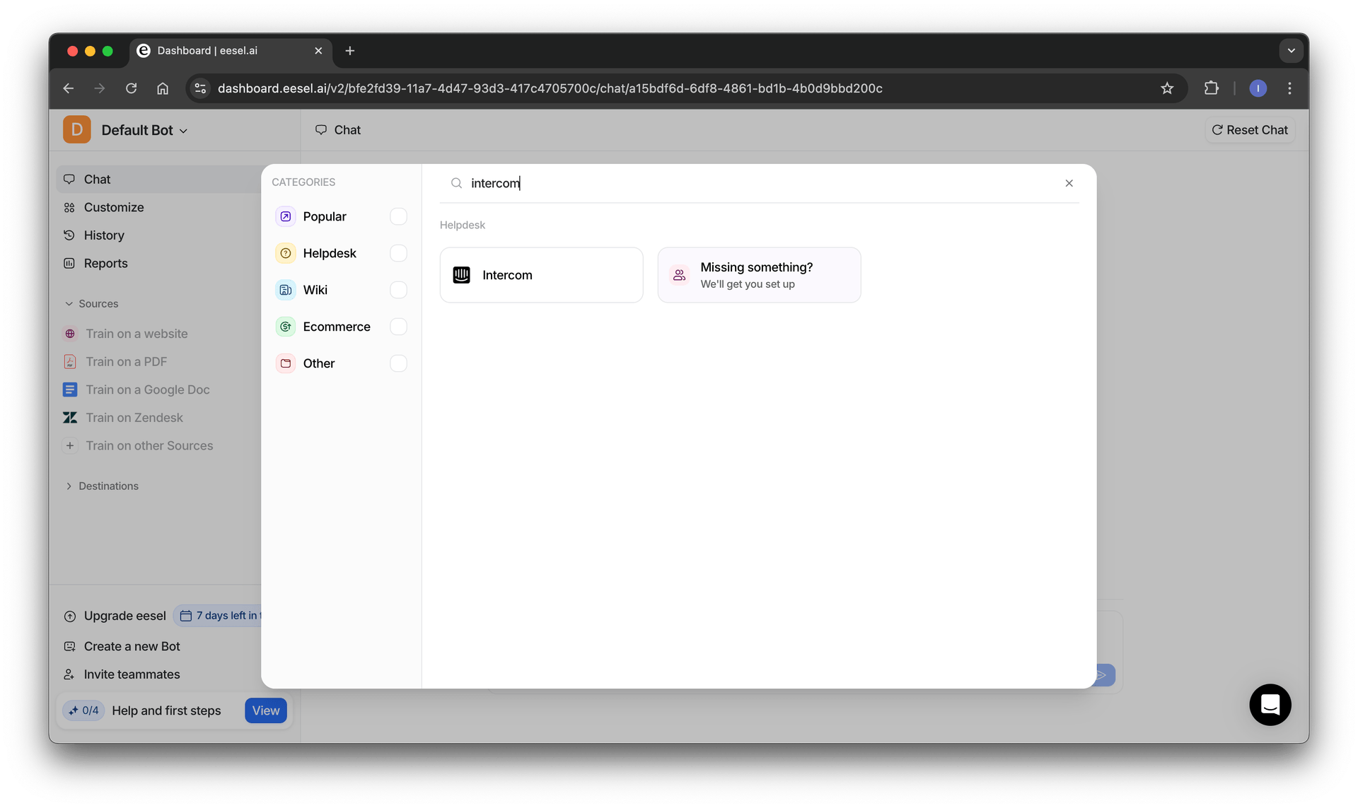 screenshot of intercom as a destination for integrations