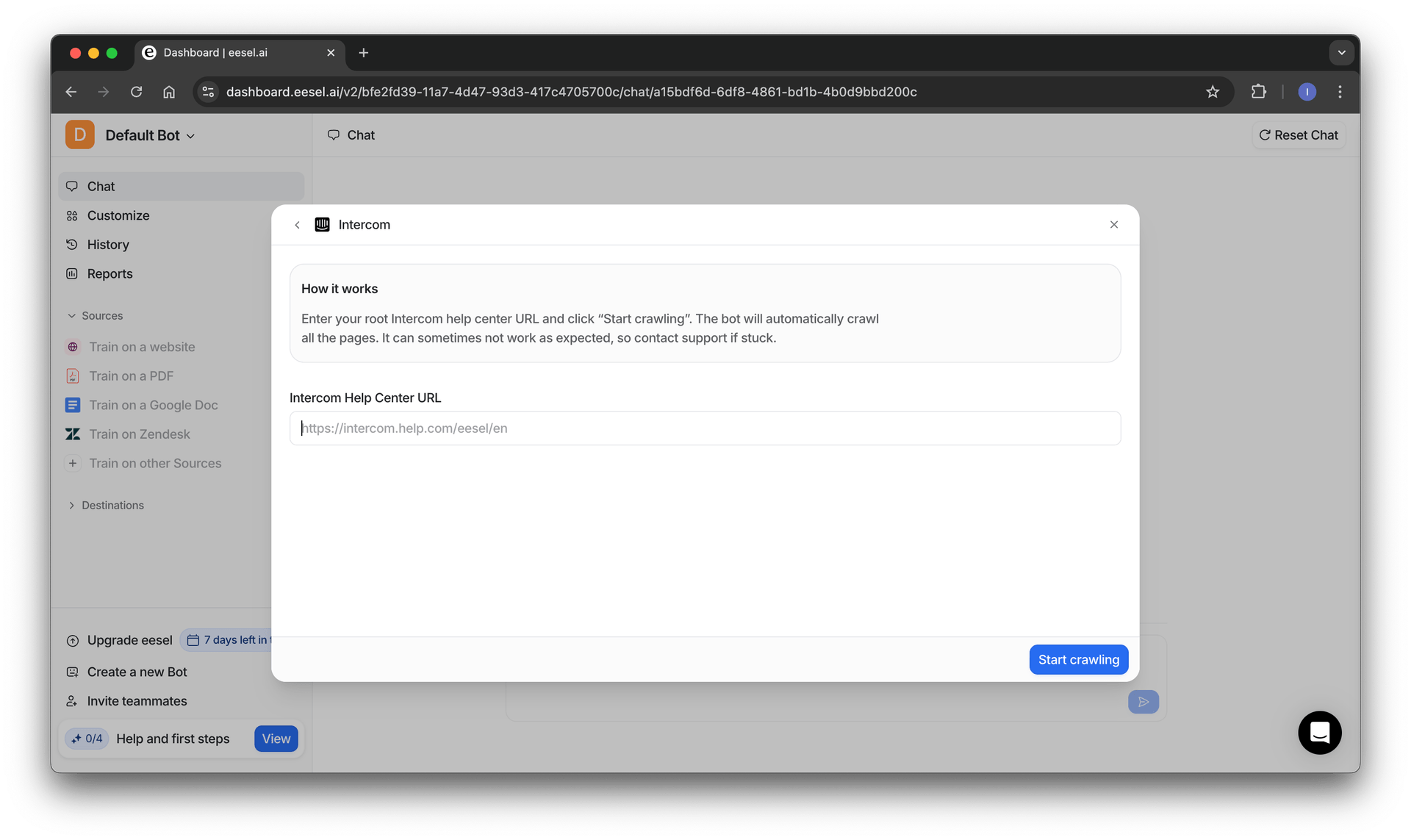 image showing intercom url being entered to begin integration