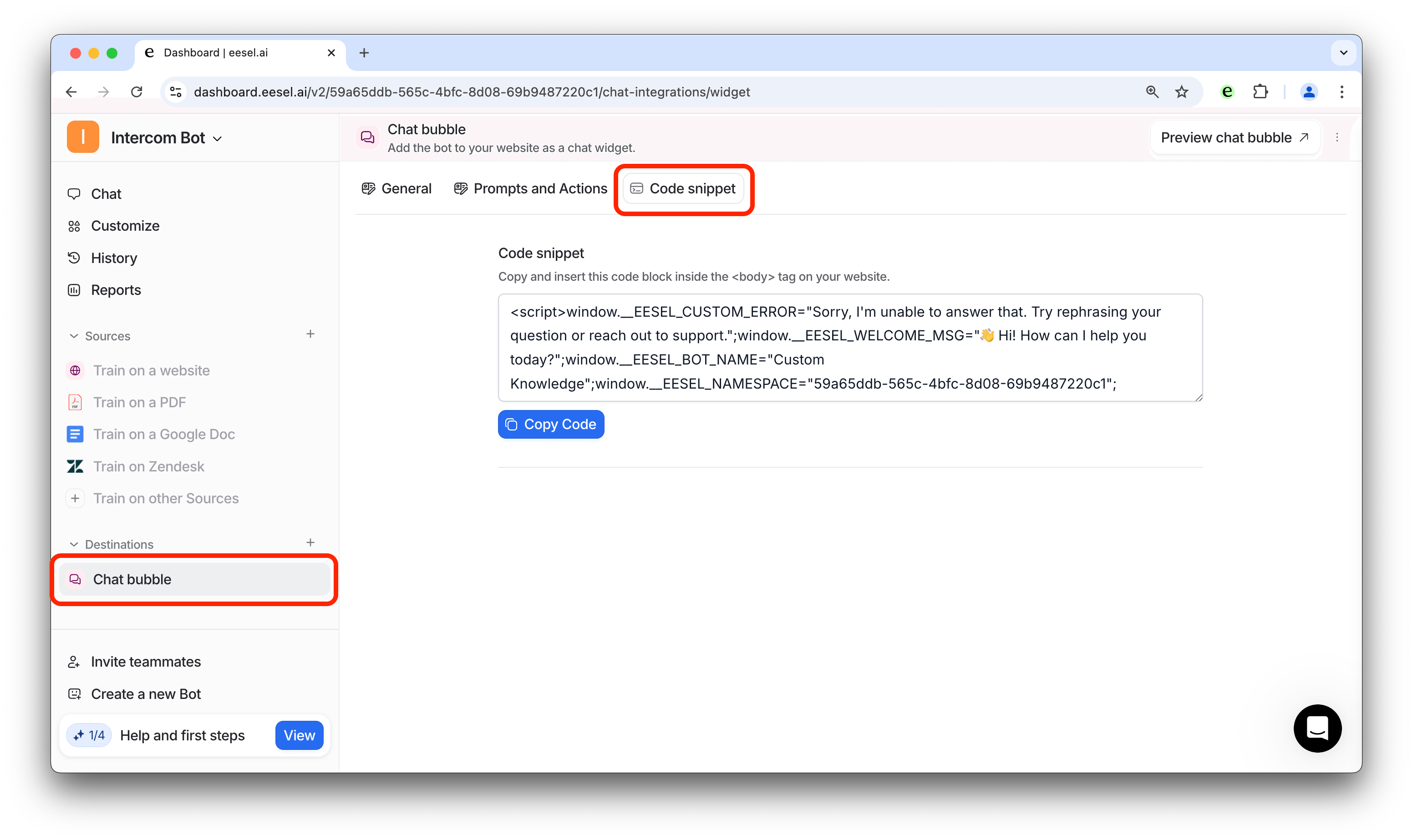 screenshot of the code for adding in a chatbot