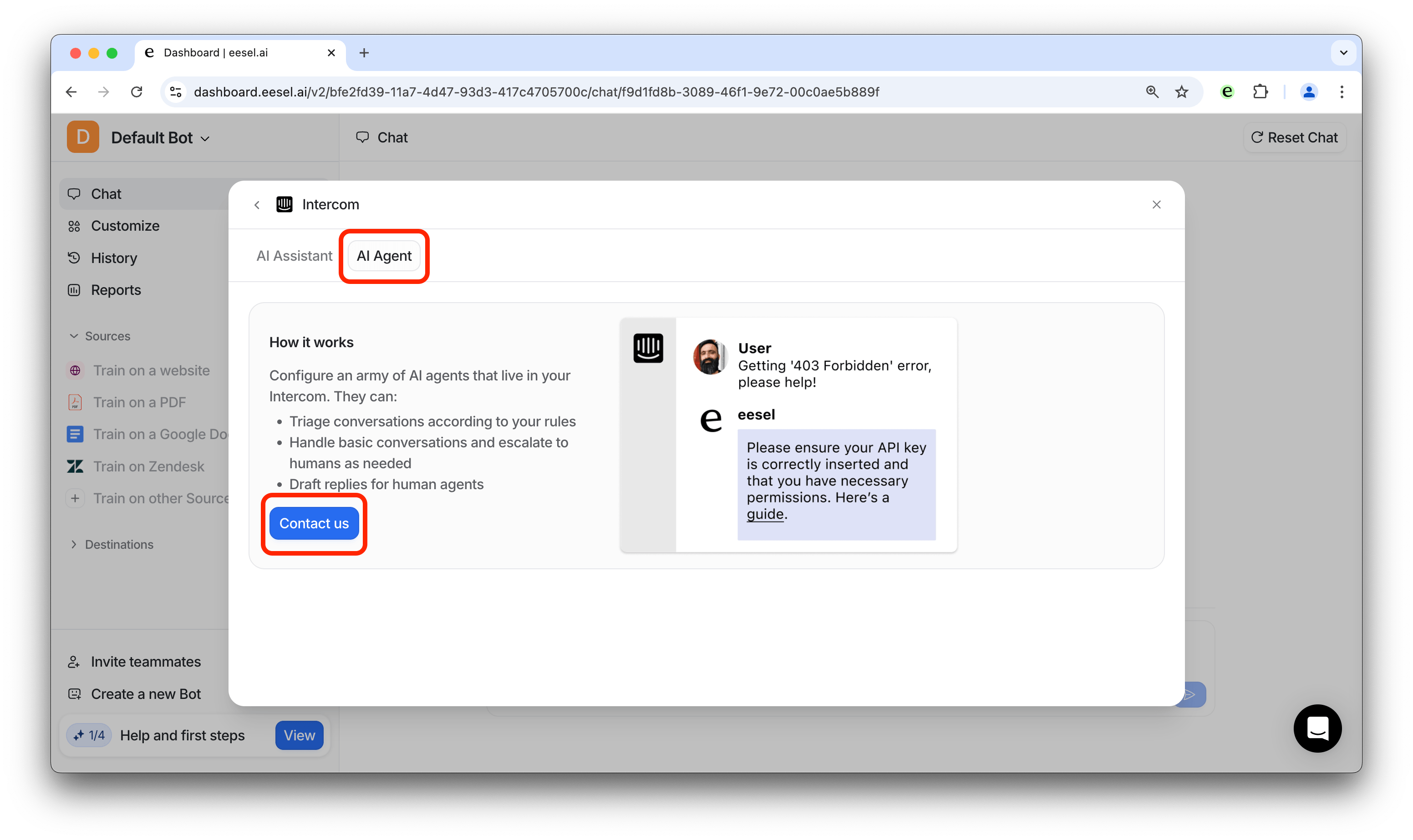 screenshot of the dash screen for the intercom ai agent