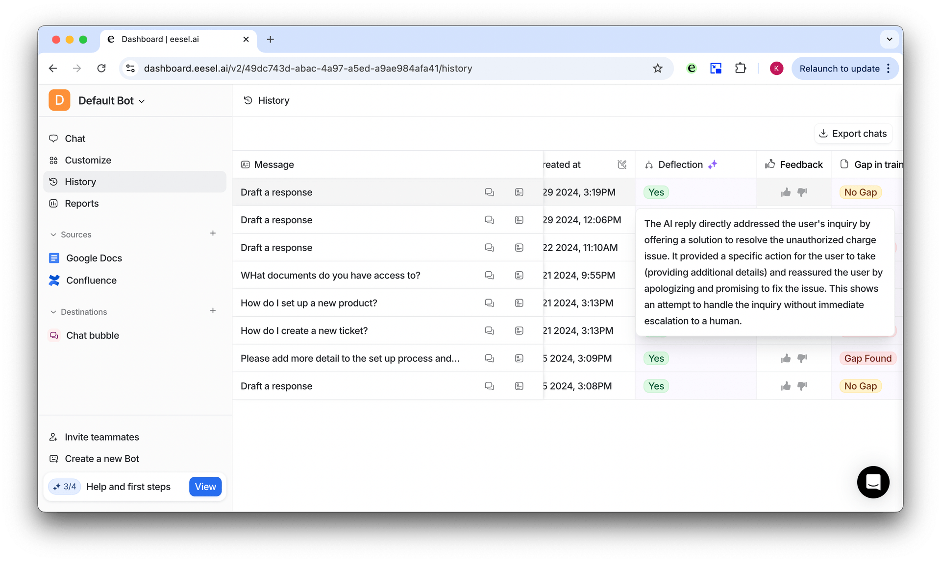 screenshot of dashboard showing deflection rate of intercom ai