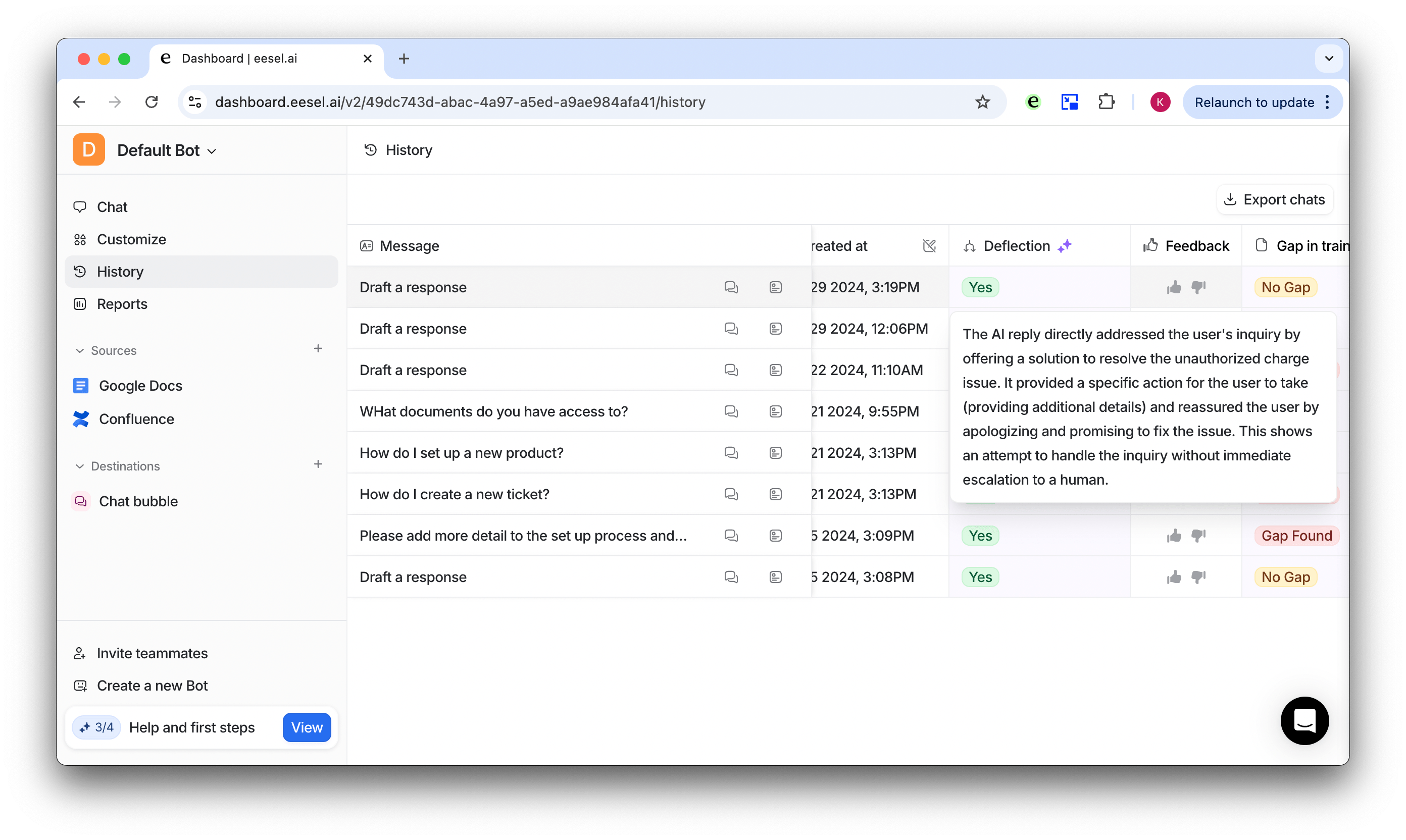 screenshot of dashboard showing deflection rate of intercom ai