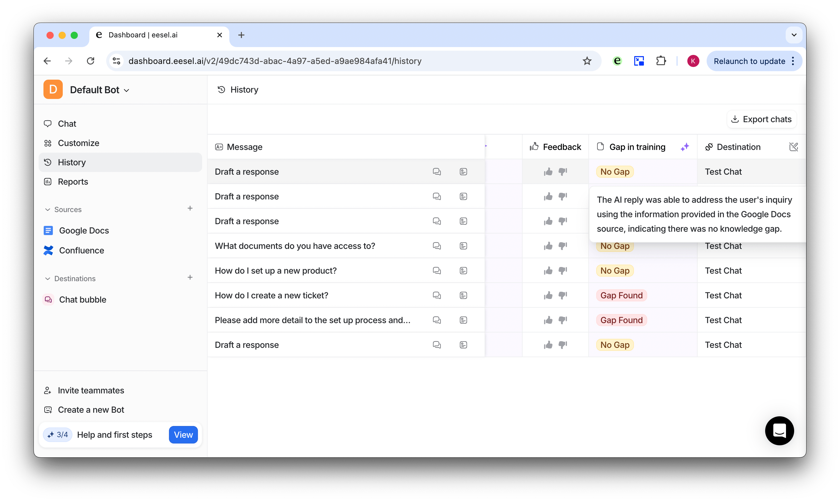 intercom ai gaps in training screenshot from dash