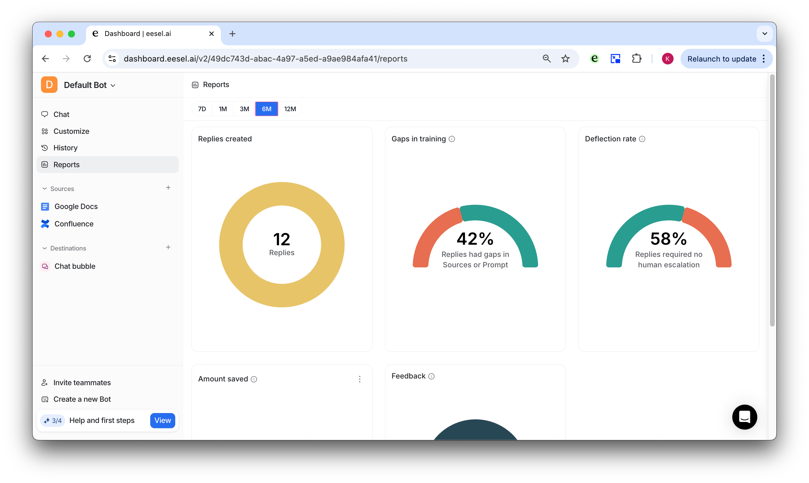 screenshot of the reports tab for intercom bot