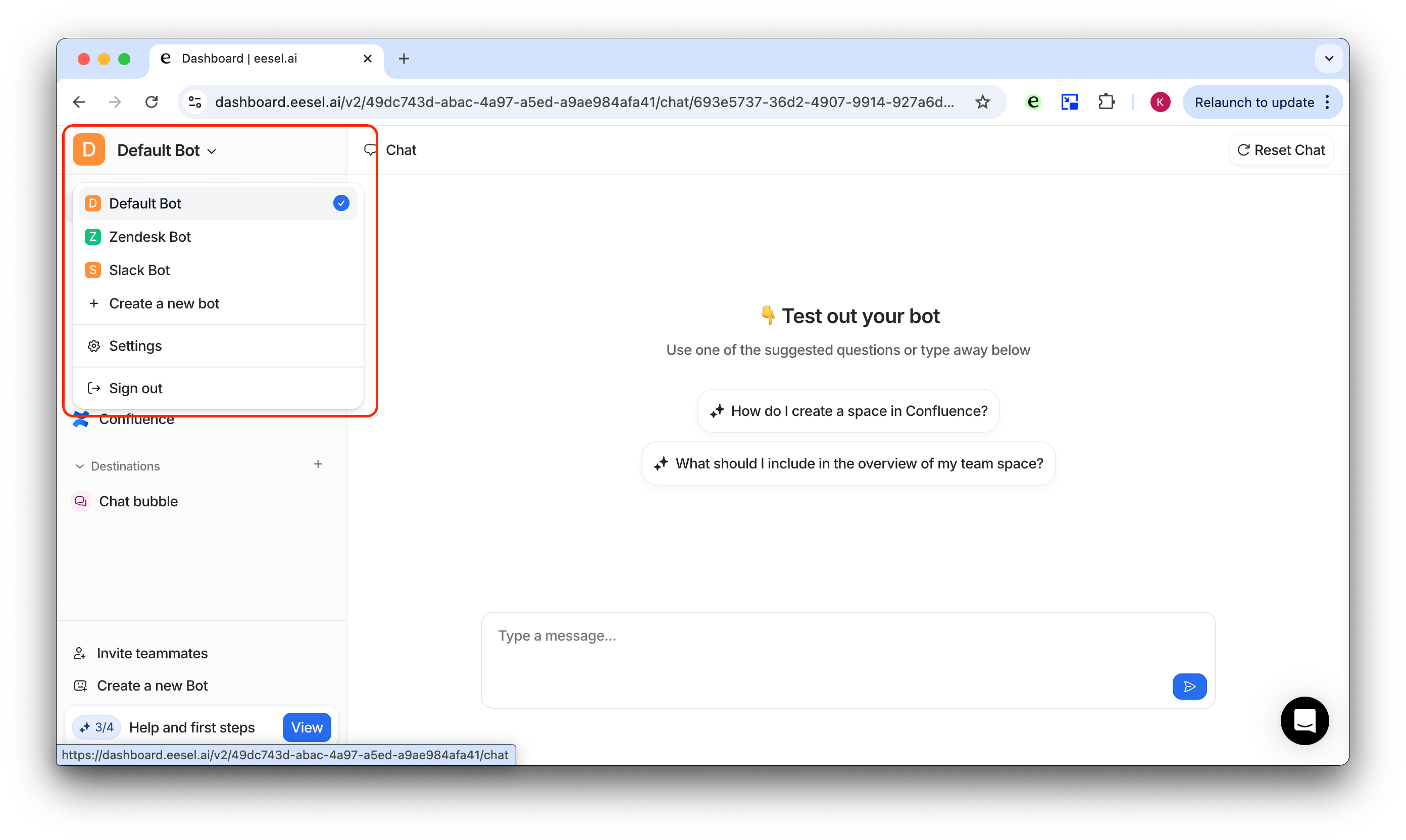 screenshot of eesel dash to select bot for the intercom agent ai