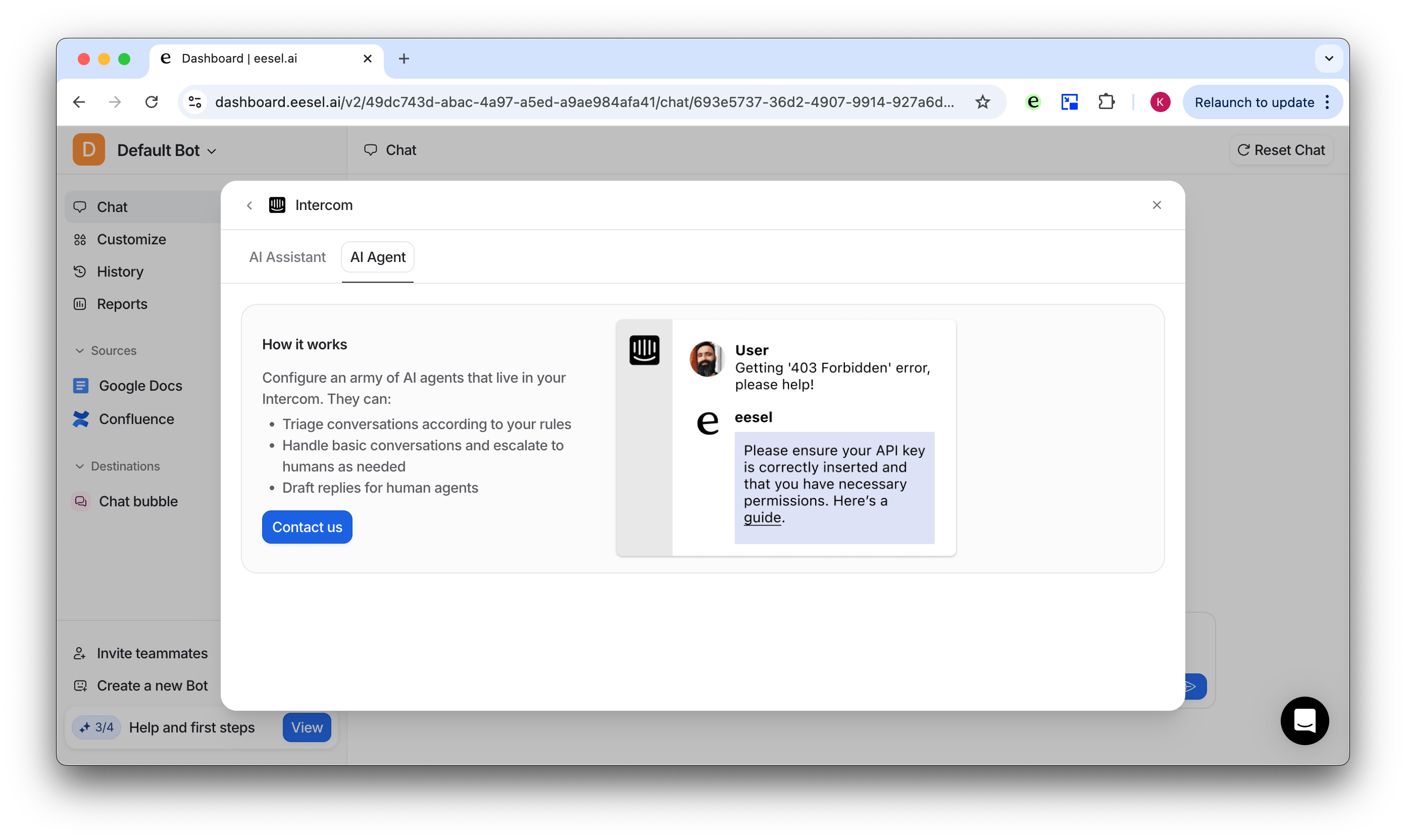 screenshot showing the intercom tab for the ai agent and contact us button