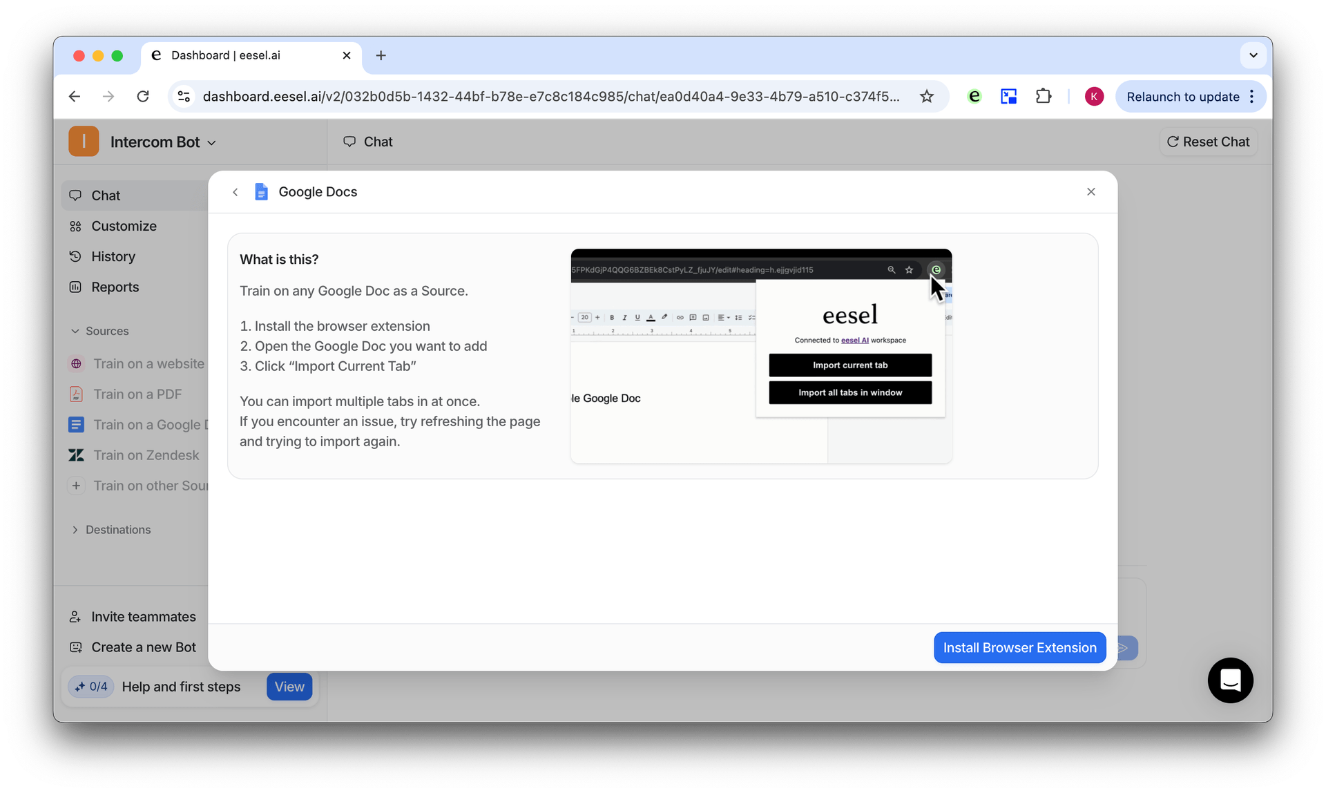 screenshot of the pop up for the google docs source connection screen to integrate with intercom