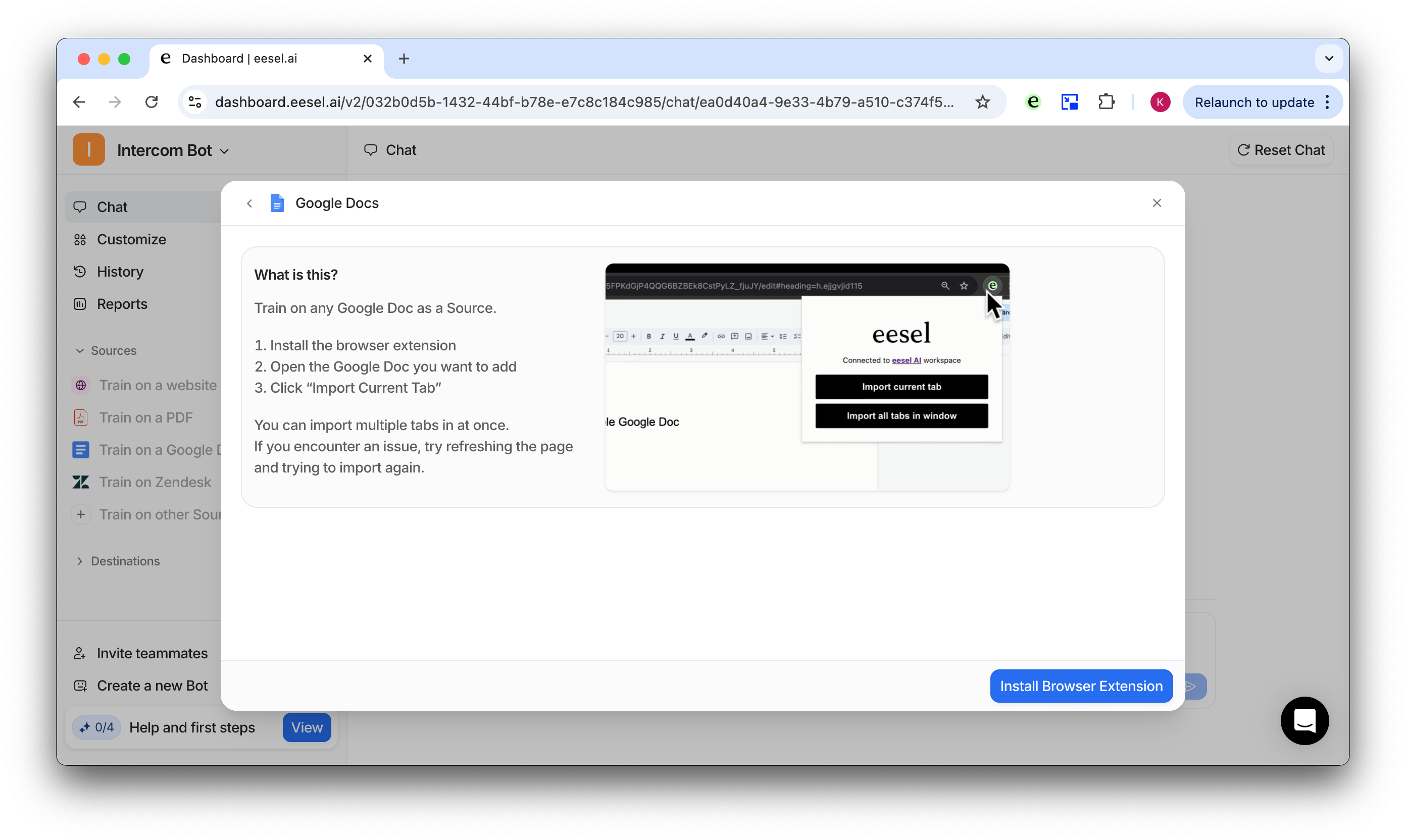 screenshot of the pop up for the google docs source connection screen to integrate with intercom