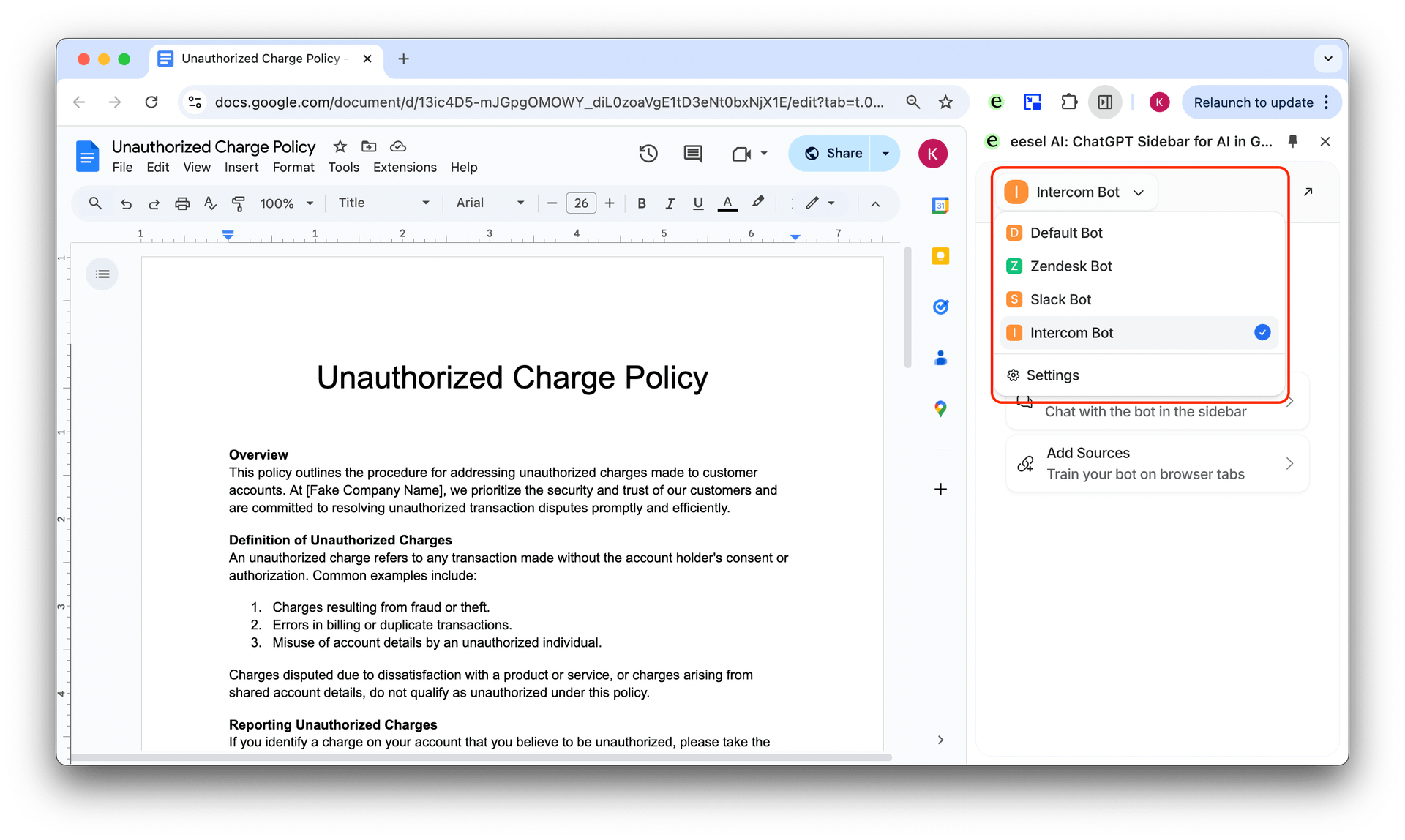 screenshto of the extension to add google docs as a source to train the intercom bot