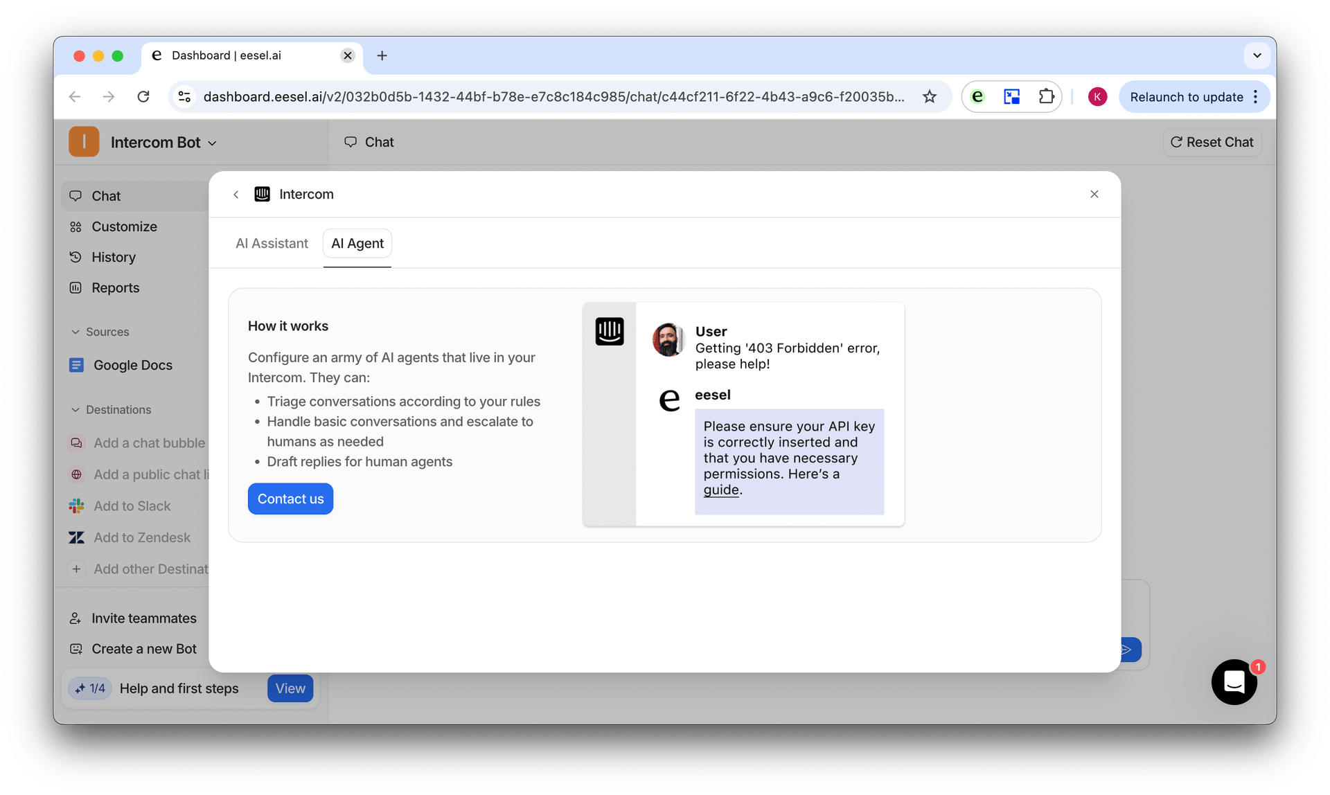 screenshot of the popup for AI agent for intercom