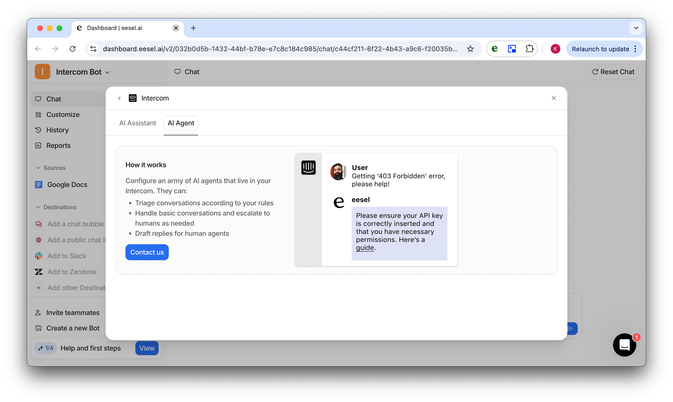 screenshot of the popup for AI agent for intercom