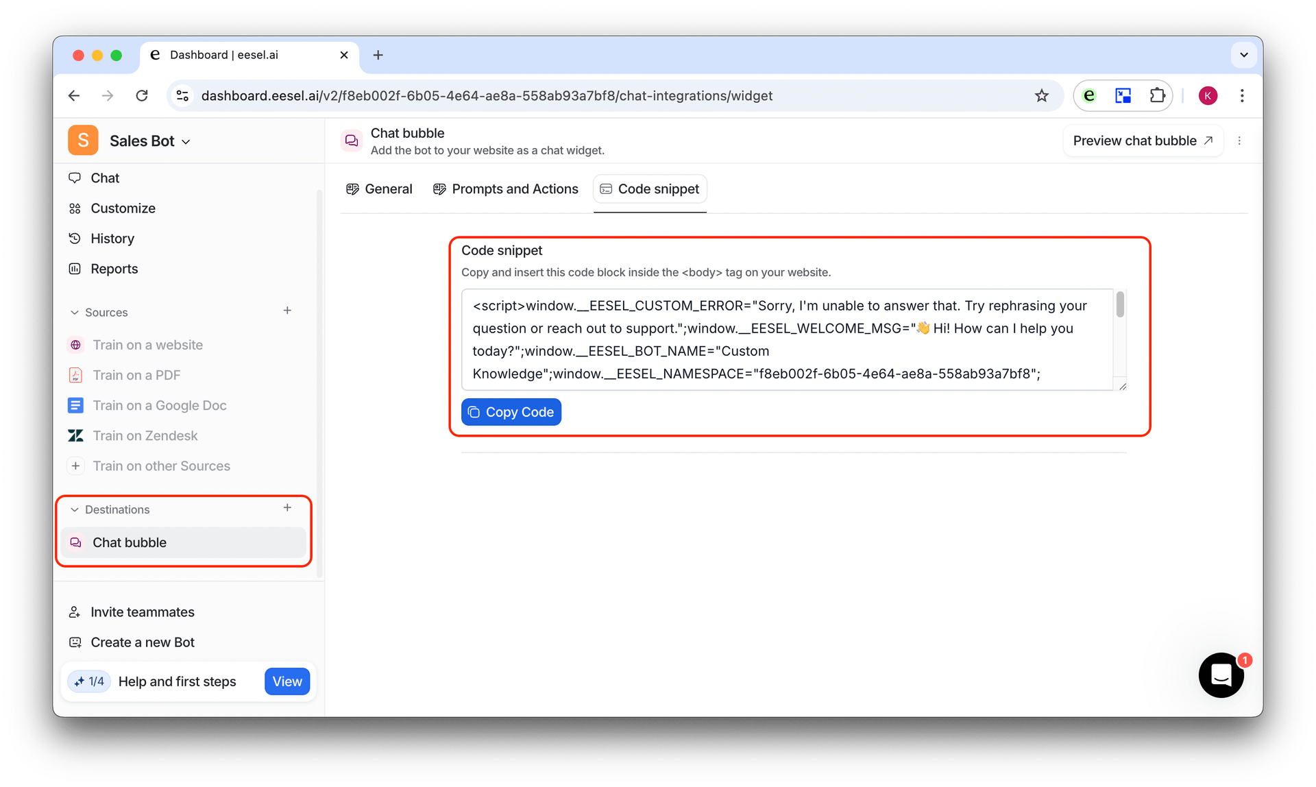 screenshot of the code snippet to add a livechat to your site using Google Docs as a source for Gorgias