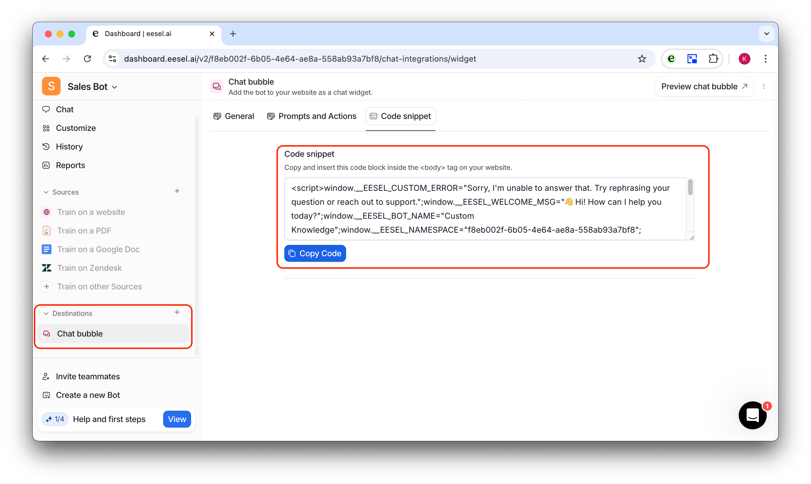 screenshot of the livechat feature for eesel AI and confluence