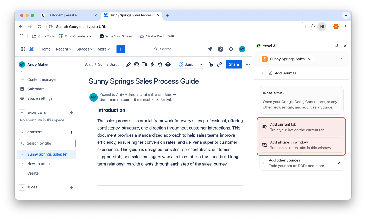 Adding Confluence pages to the eesel dash to connect with Gorgias
