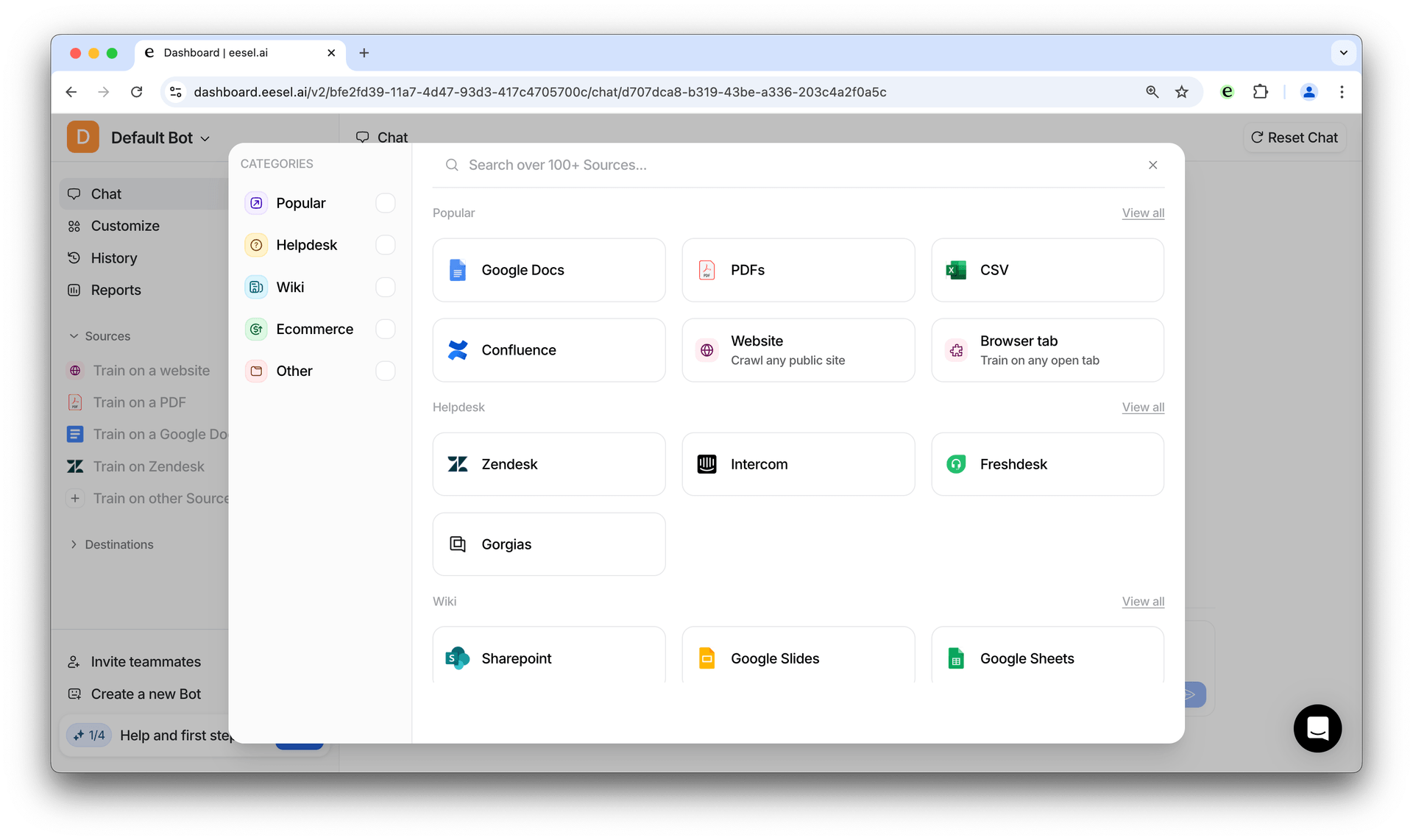 Screenshot of the Source selection for the gorgias Google Docs integration