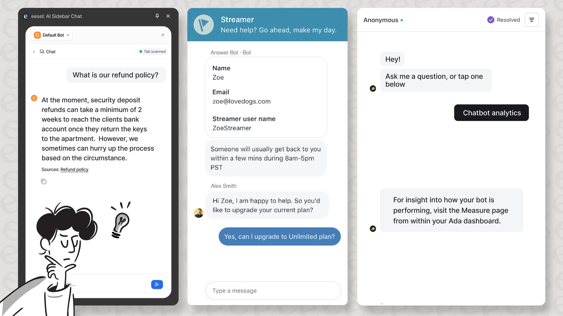 Screenshot of 3 different chatbots, leftmost is eesel AI's chatbot, middle one is Zendesk's chatbot, and the right most is Ada CX's chatbot