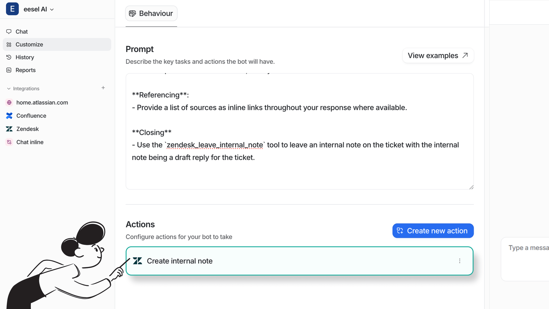 Screenshot of eesel AI's Customize page for the bot, highlighting the actions you can take with the "Create internal note" action for Zendesk showing