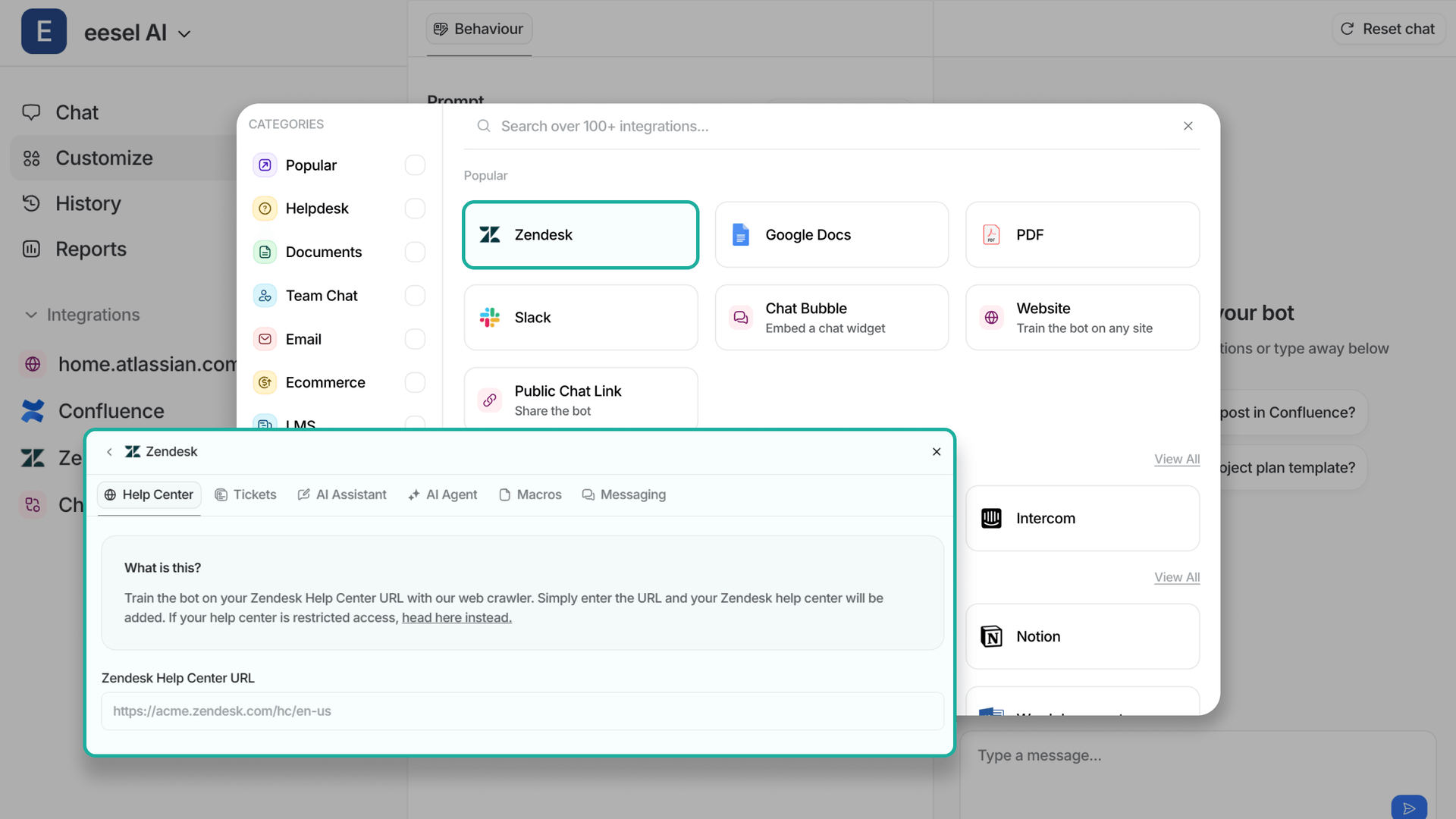 Screenshot of eesel AI's implementation page, specifically highlightng Zendesk and the different integration options