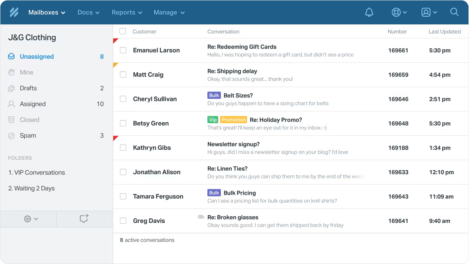 Screenshot of Helpscout unassigned inbox dashboard.