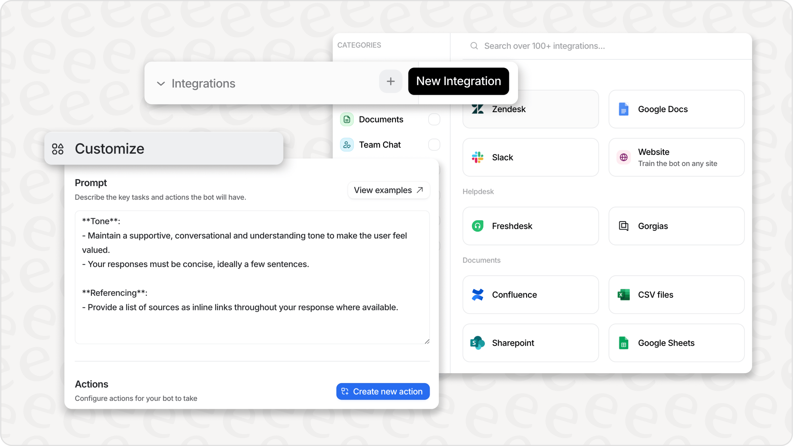 eesel AI's AI bot customization interface showing tone, referencing settings, and integration options like Zendesk, Slack, Freshdesk, and Google Docs. 'New Integration' button is highlighted.