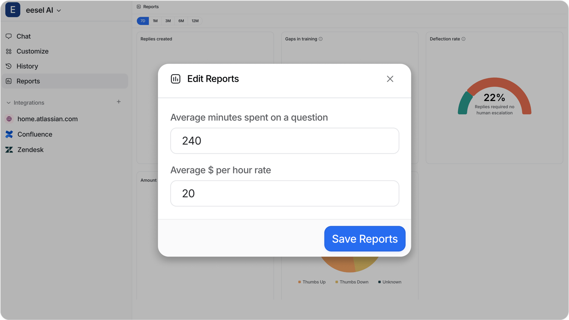 A screenshot of the reports page in the eesel AI dashboard, specifically the edit reports option for the ROI calculator.