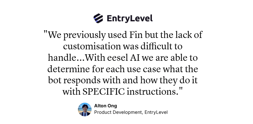 Testimonial from Alton Ong, Product Development at EntryLevel, about eesel AI. He mentions that they previously used Fin but struggled with its lack of customization. With eesel AI, they can specify bot responses for each use case with precise instructions.