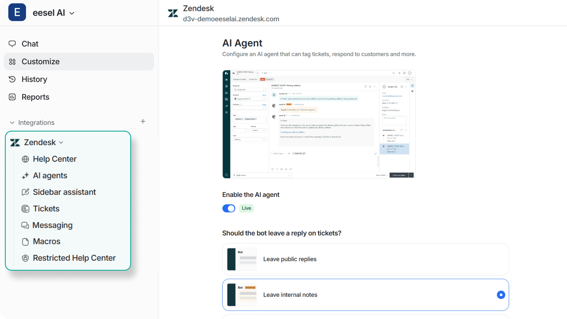 Screenshot of eesel AI integration dashboard panel showing Zendesk.