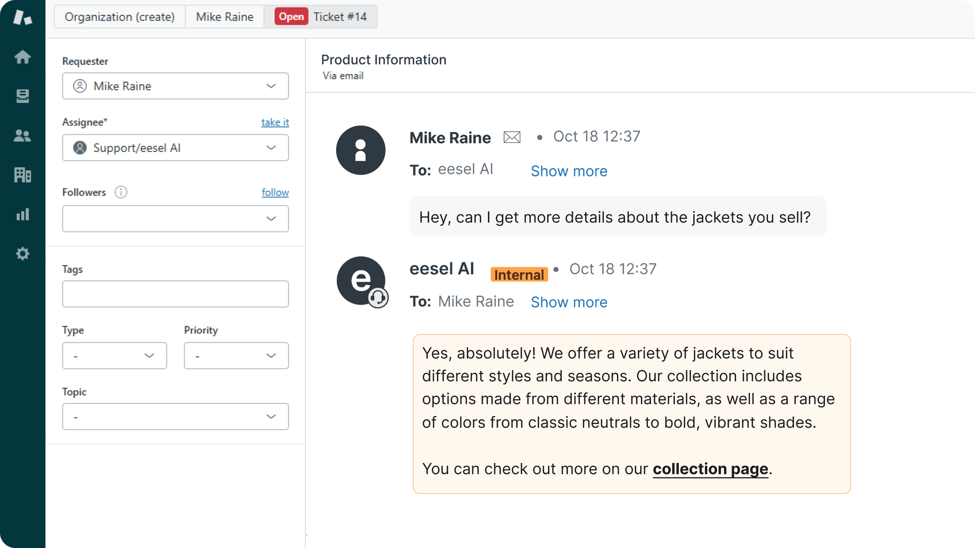 Screenshot of Zendesk AI recommending help center articles to customers.