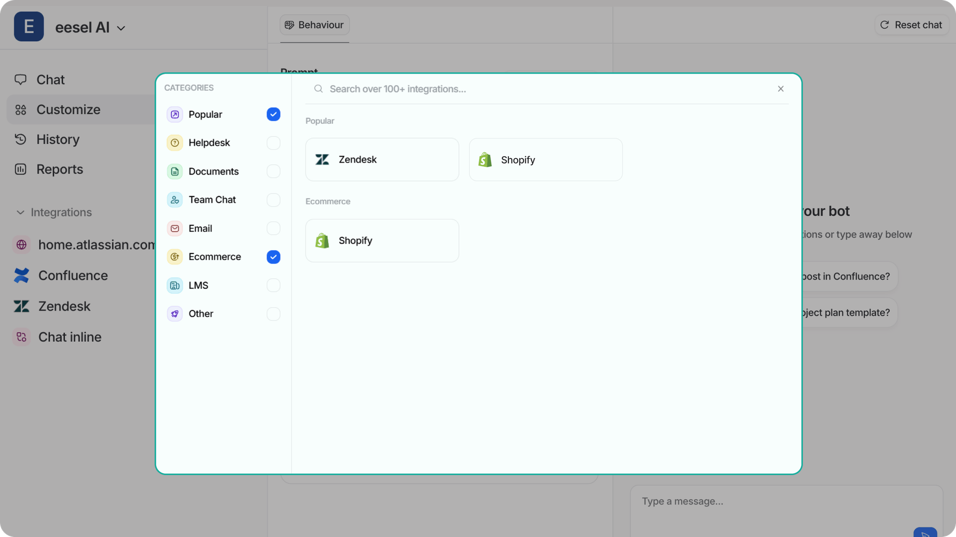A screenshot of eesel’s integration panel showing Zendesk and Shopify.