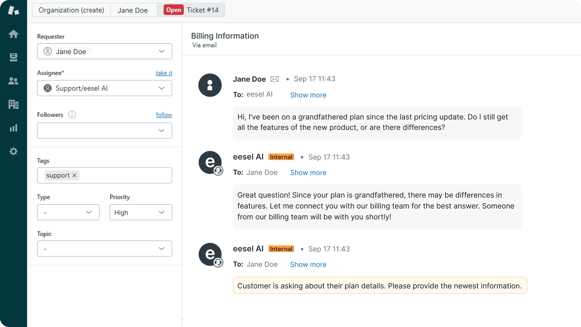 Screenshot of eesel AI escalating a ticket to the right agent.