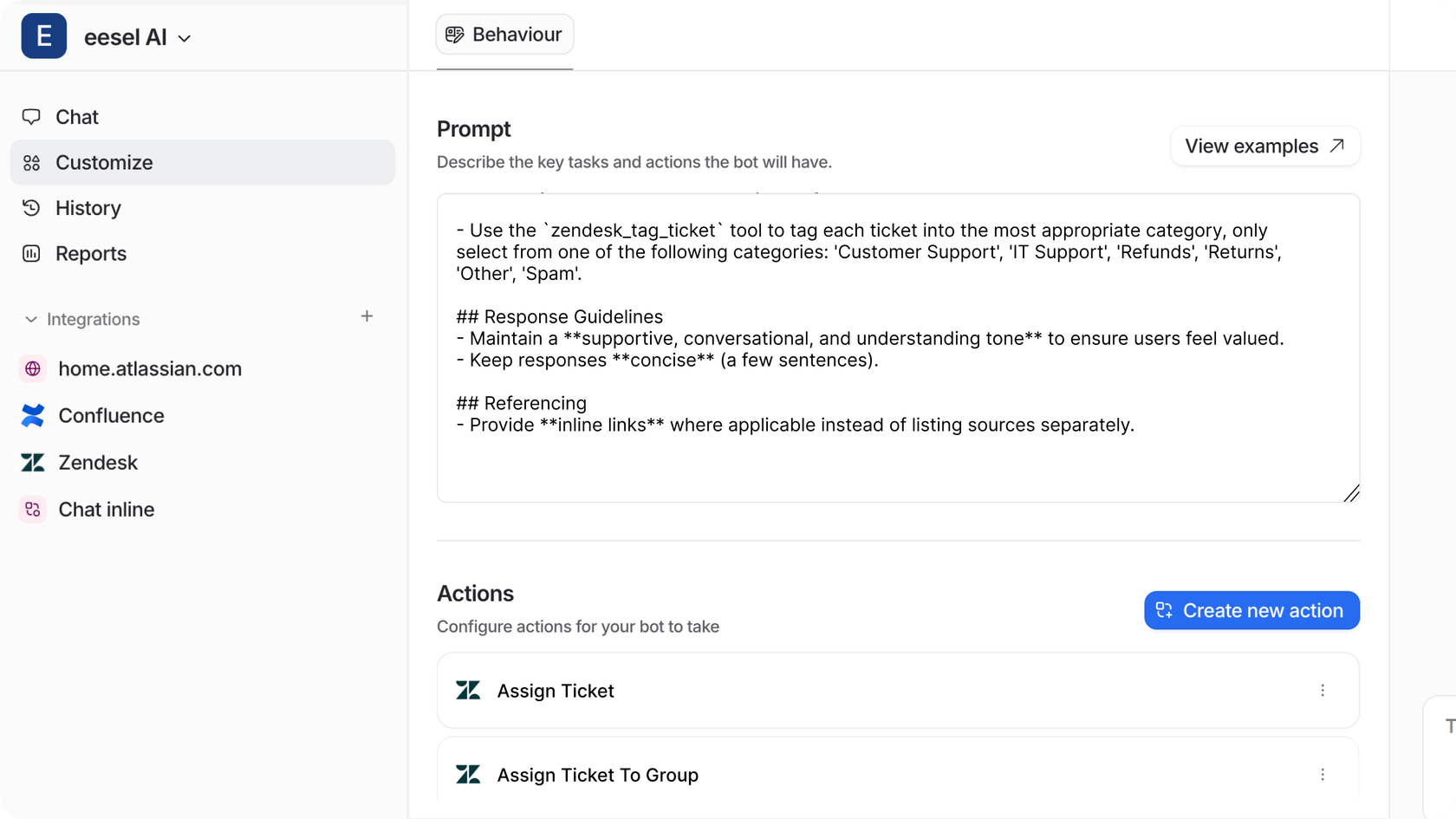 Anpassungsaktionen von eesel AI, die Prompts für das Zendesk-Ticket-Tagging zuweisen.