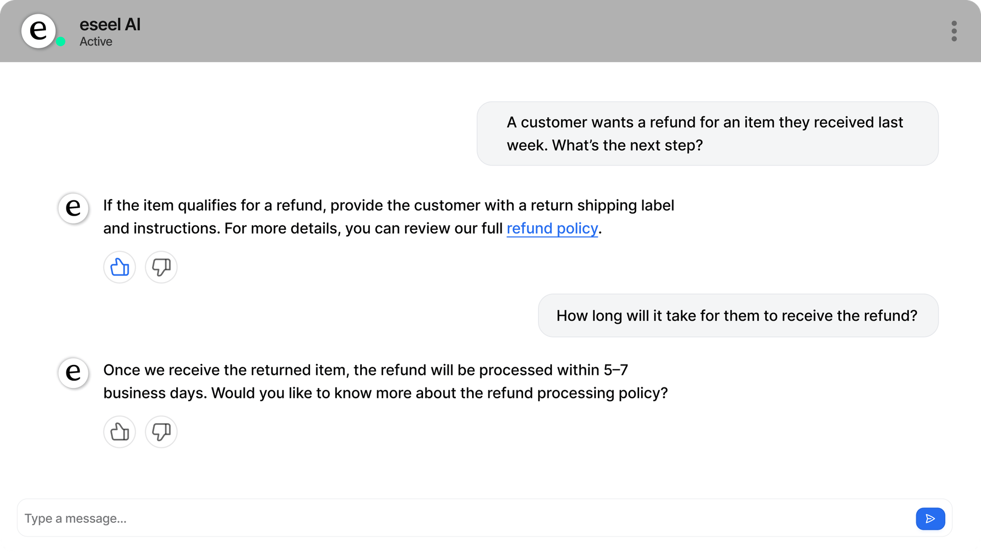 Screenshot of the eesel AI virtual agent/assistant chatting with a customer, helping them retrieve information.
