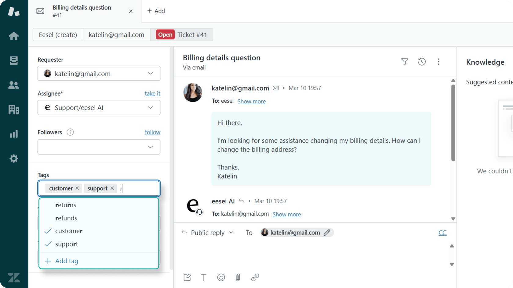 Manuelle Kennzeichnung von Tickets in Zendesk.