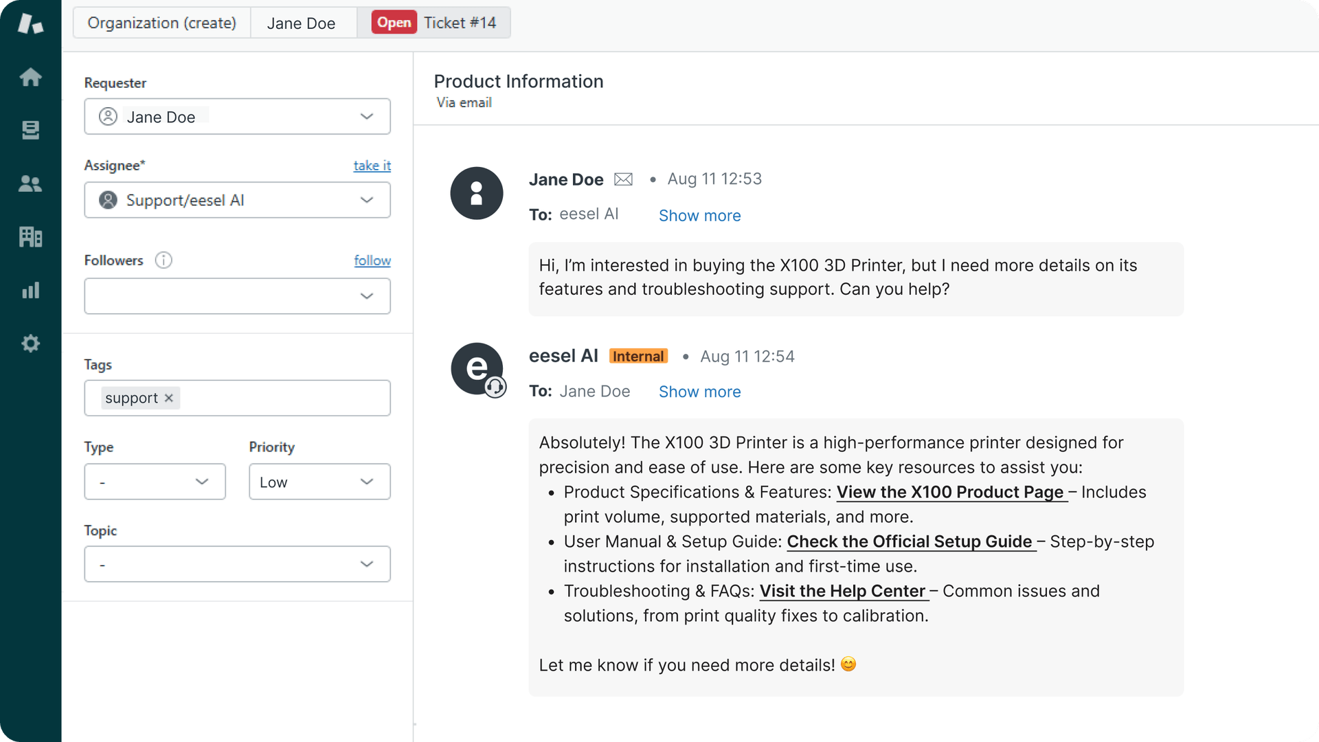 A screenshot of a customer asking for more information about a 3D printer, and the AI replies politely and sends multiple different links to the customer to address the ticket.