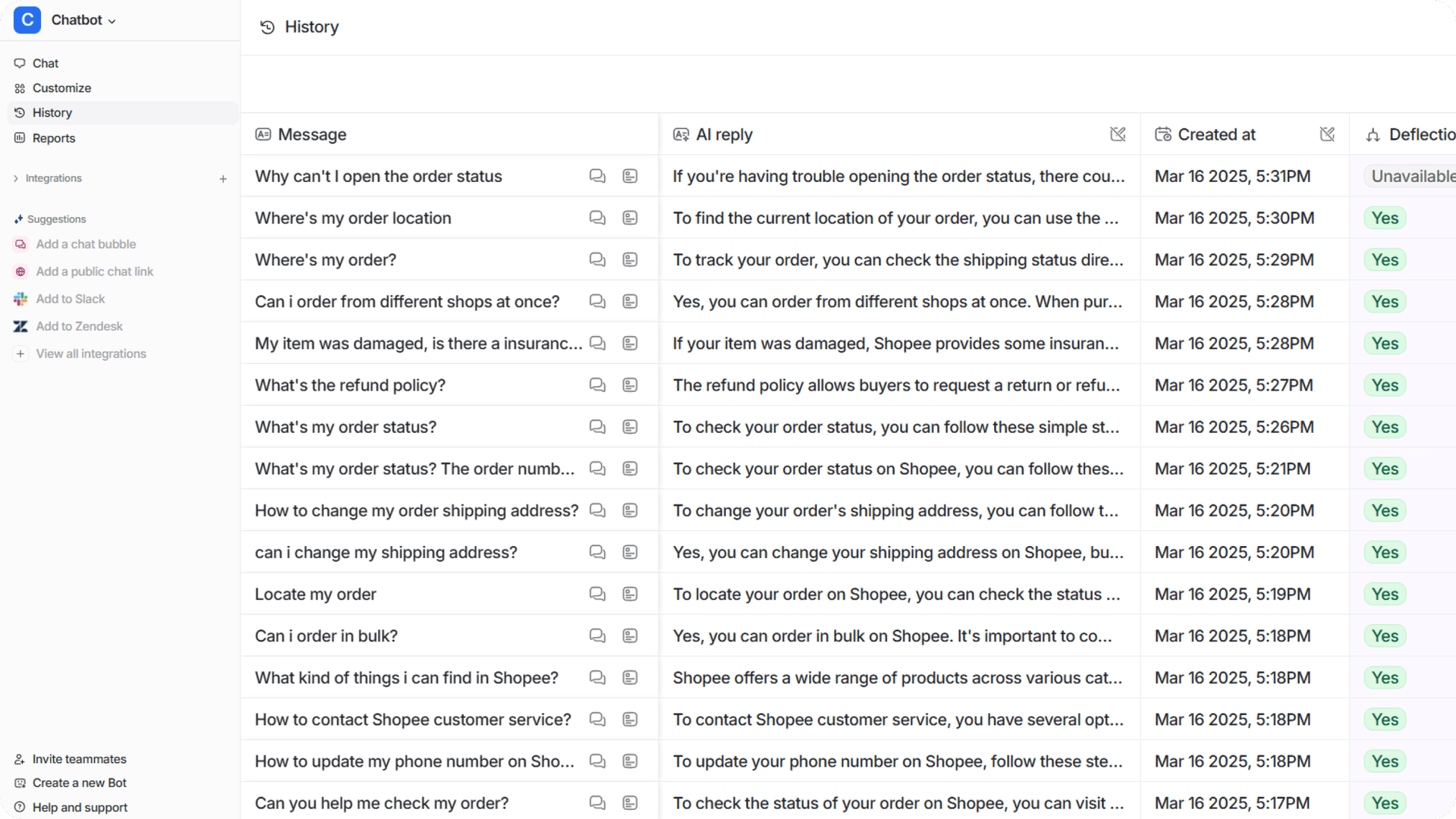 Screenshot of eesel AI’s history tab opened with past conversations about status or order and etc.