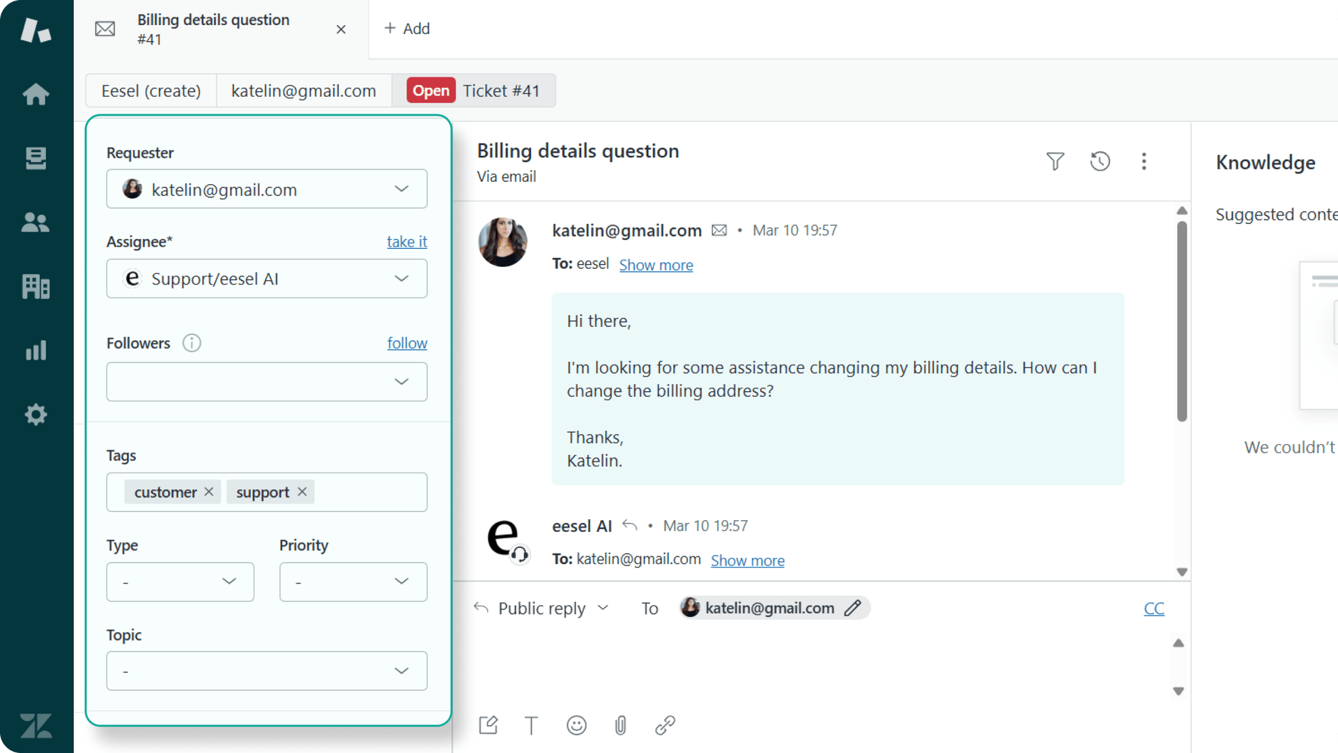 Screenshot of Zendesk AI Classification Dashboard showing the main configuration interface with classification rules
