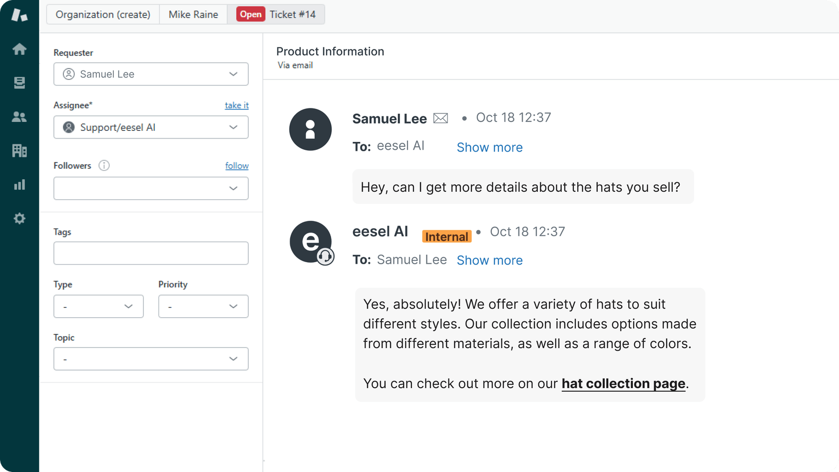 eesel AIが顧客に製品情報を提供しています。