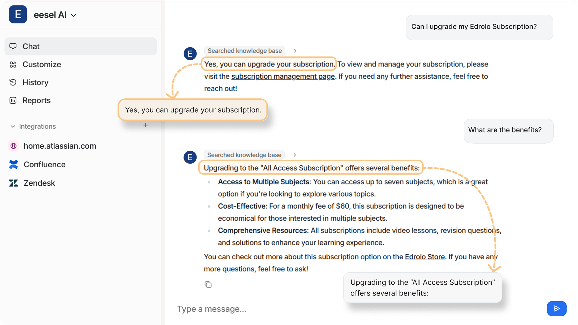 Screenshot of eesel AI's virtual agent maintaining conversational context across multiple messages.