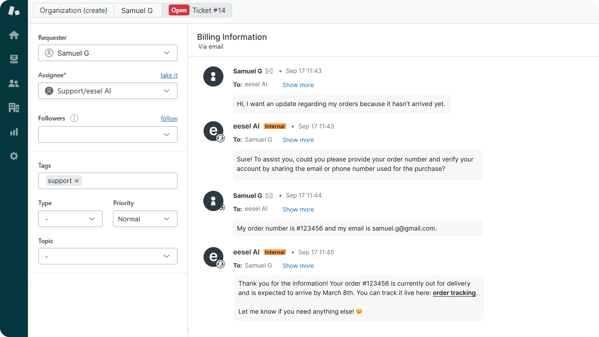 Screenshot of Zendesk chatbot answering a customer question about order update, and AI resolves the ticket by verifying account information and returns with an order update.