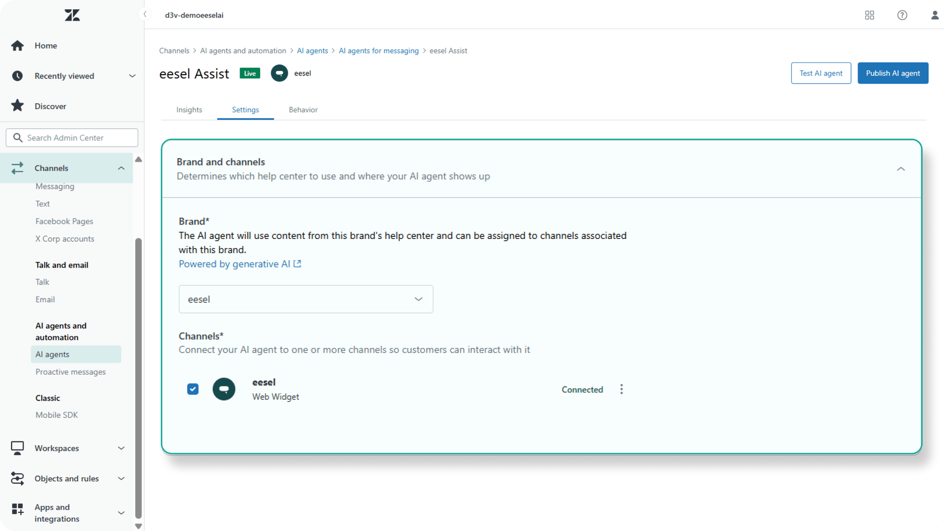 Zendesk Admin Center showing the AI Assistant configuration panel with knowledge source integration options.