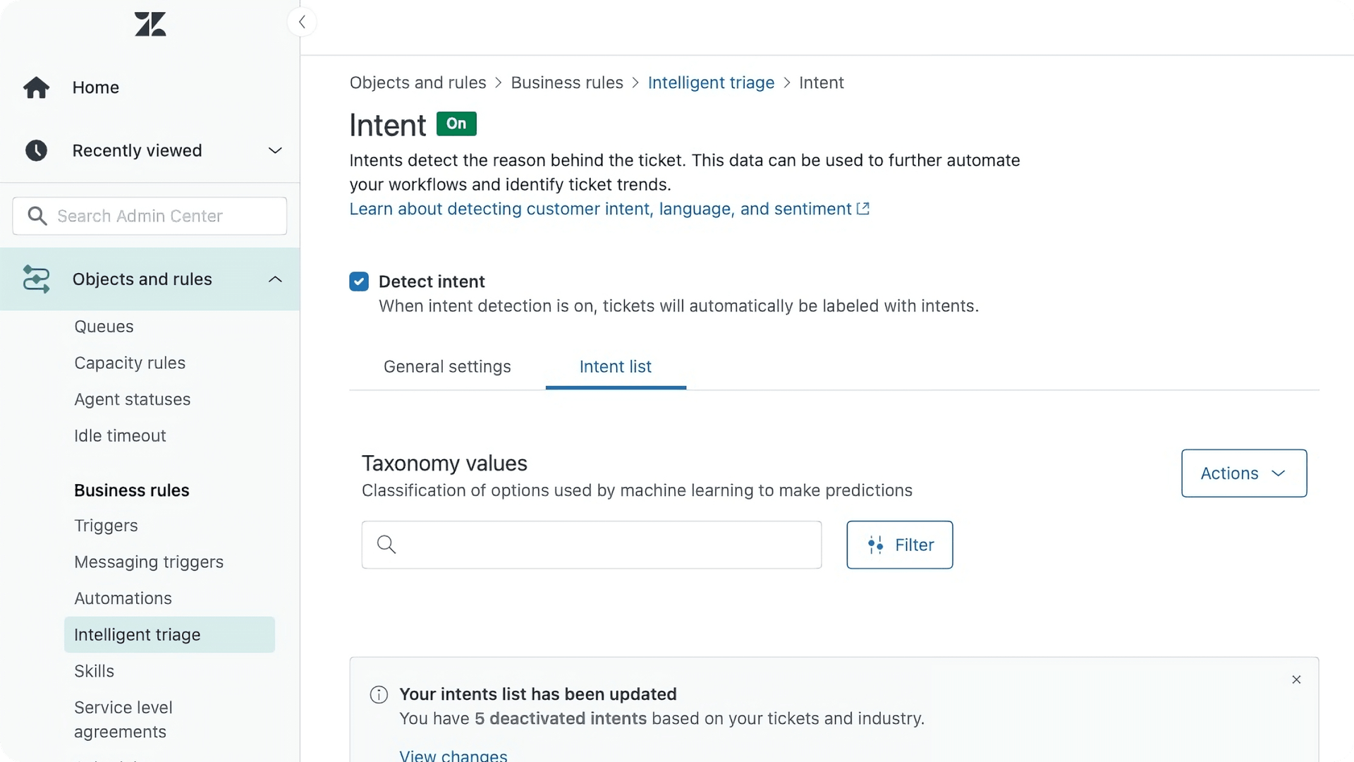 a screenshot showing Zendesk's intelligent triage setup page.