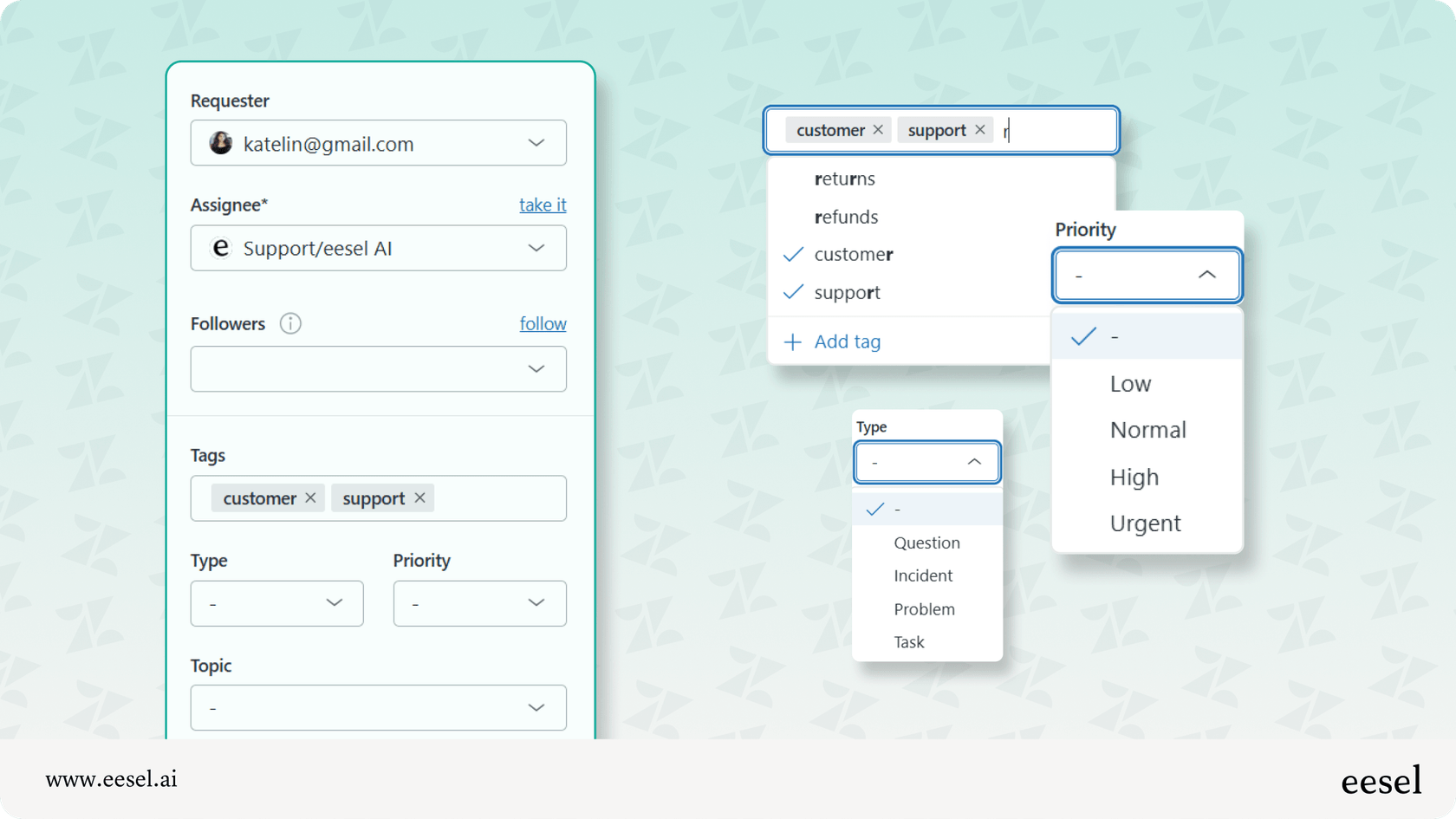 Zendesk classifies tickets ny defining ticket categories, tag hierarchies, routing logic, and priority criteria. 