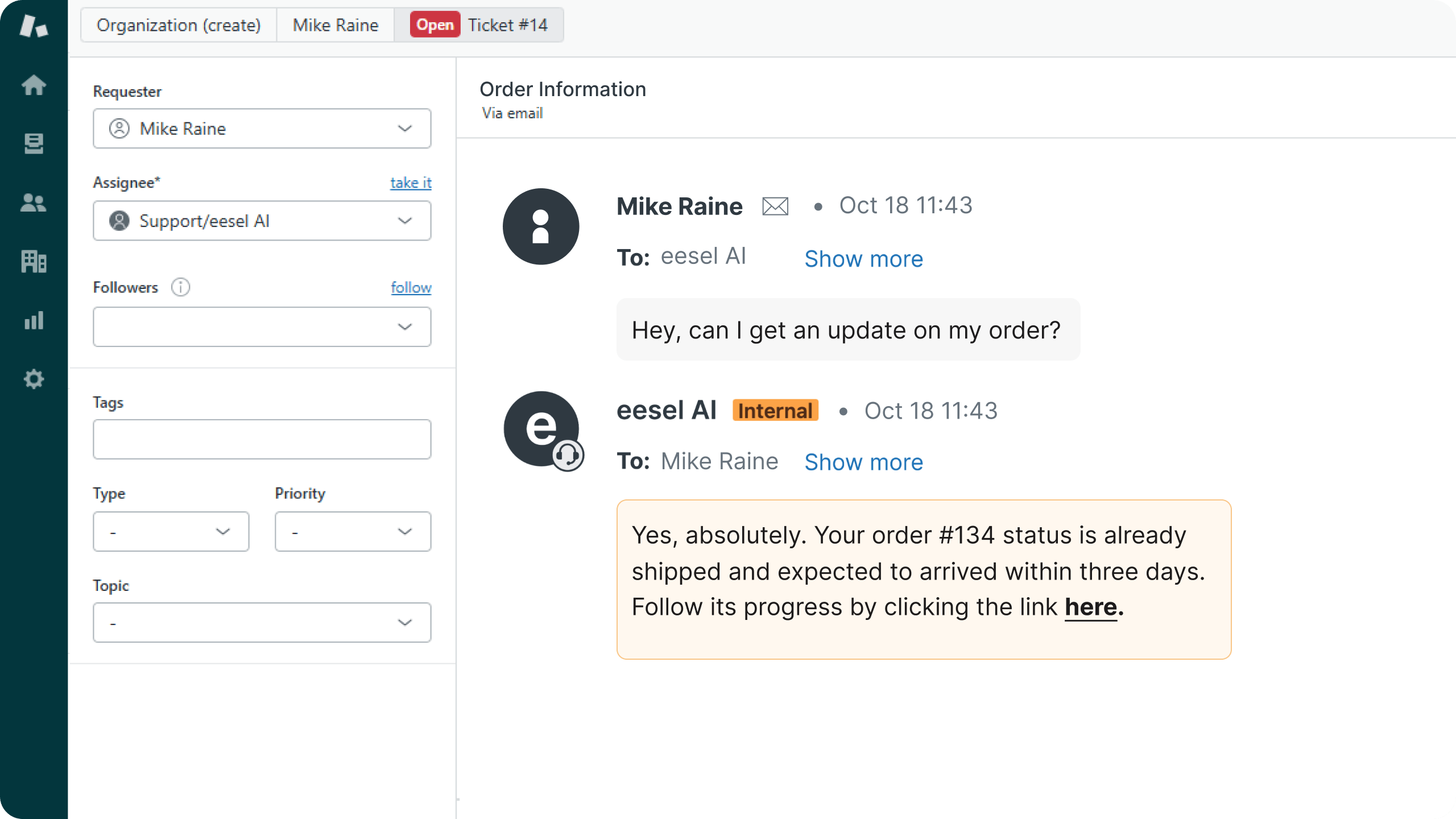 A screenshot of customer query about an order update and the AI drafts and sends a reply.