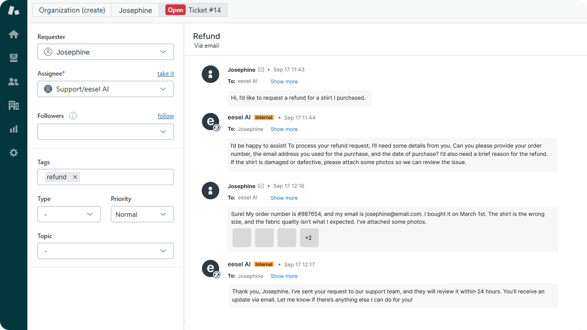 Screenshot of Zendesk Chatbot routing a refund ticket to human agents.