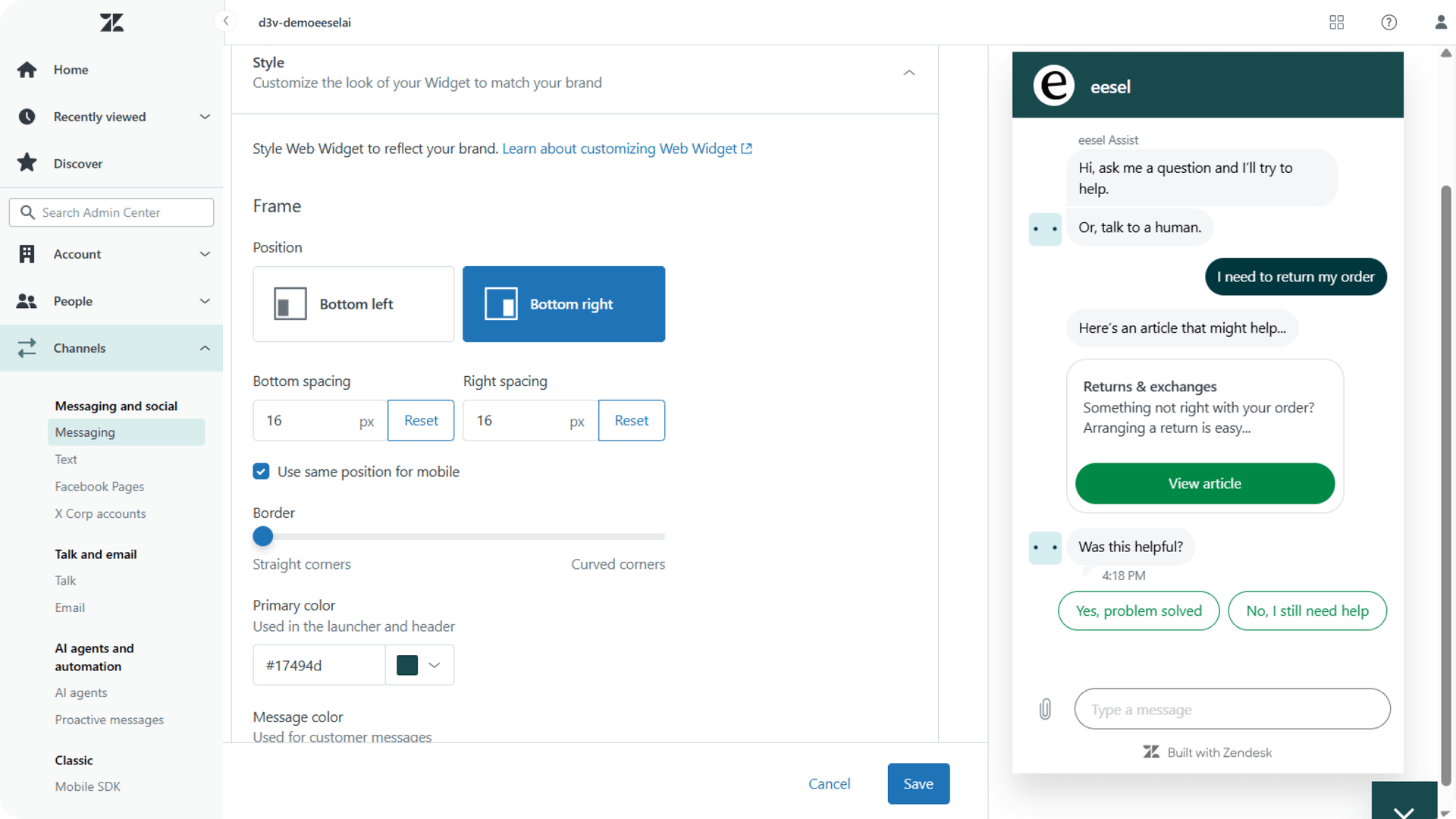 Screenshot of Zendesk AI testing interface showing sample responses and configuration options